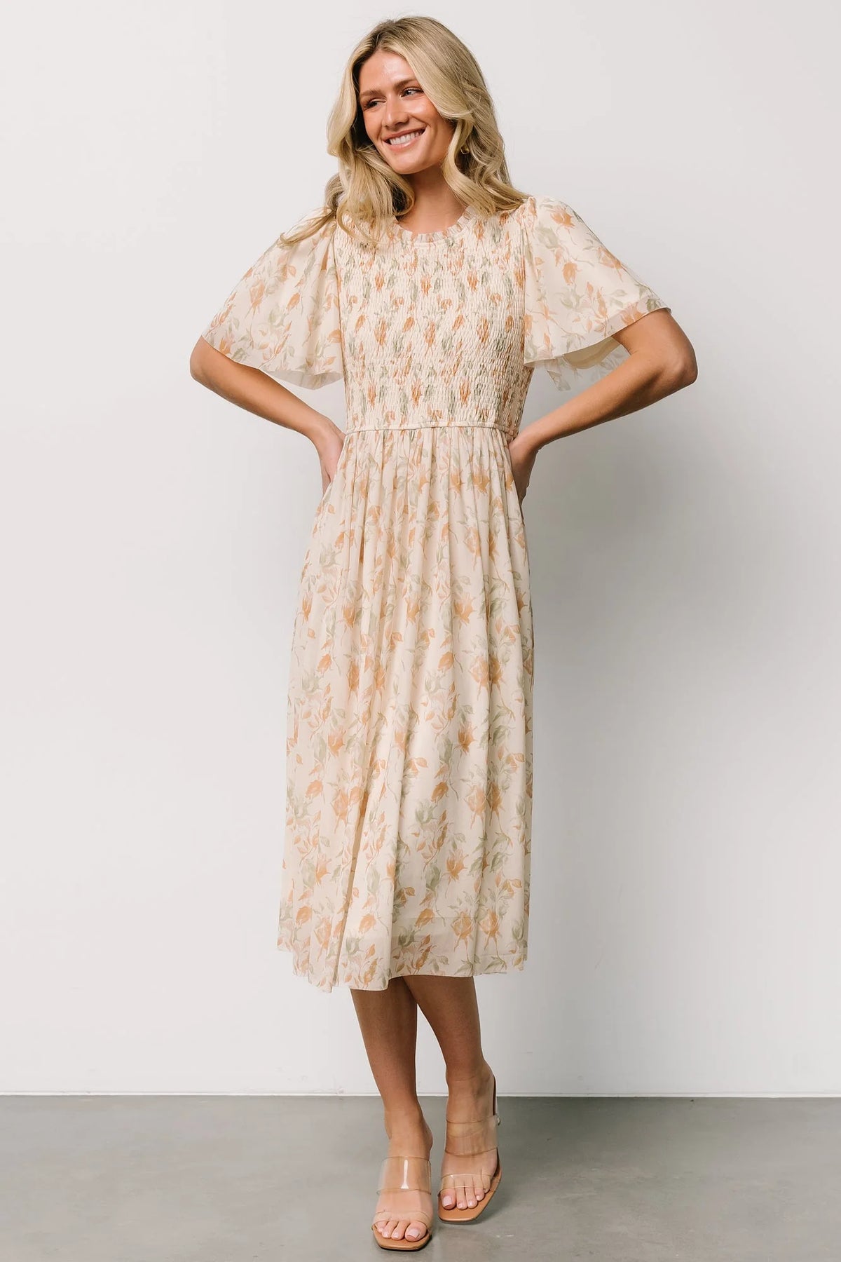 Bailey Smocked Midi Dress | Ivory + Golden Floral