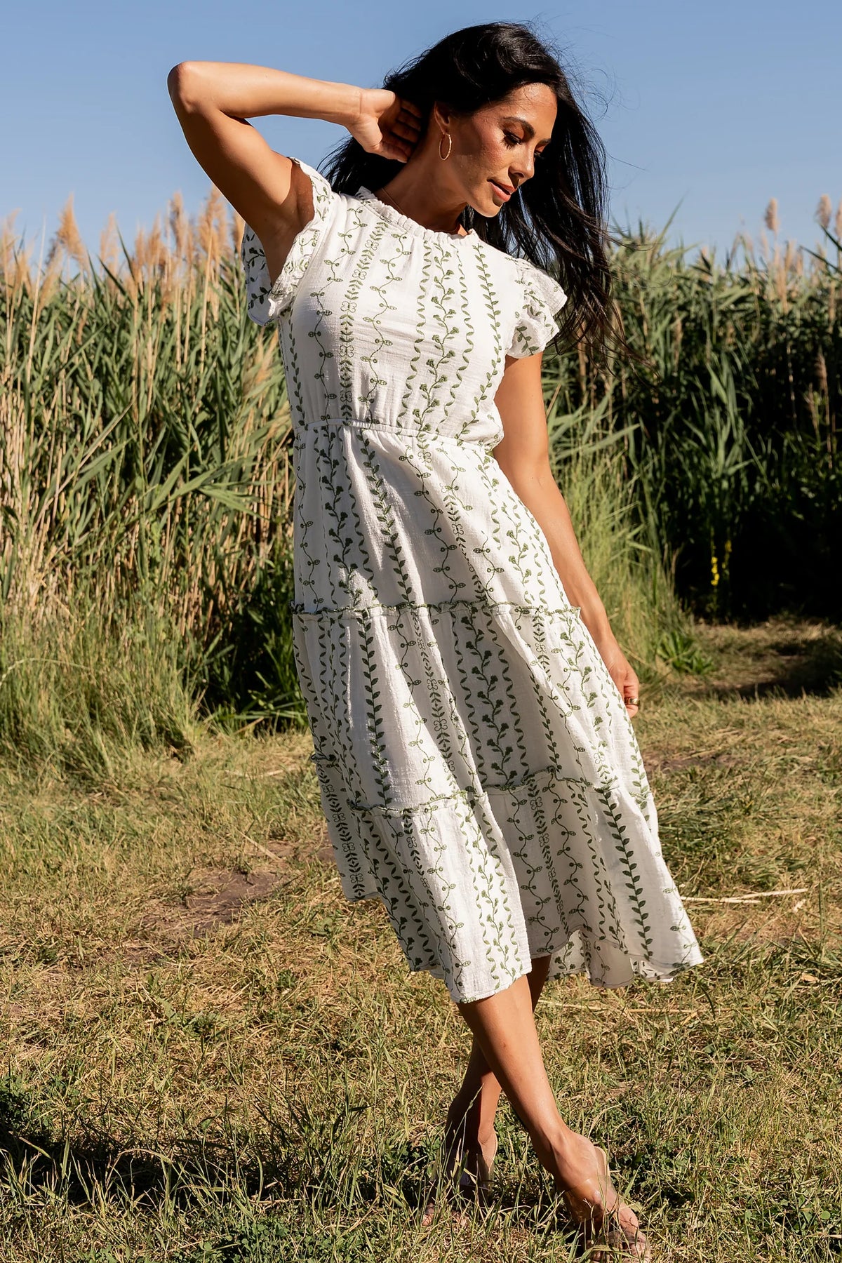 Frida Embroidered Midi Dress | White + Green Print