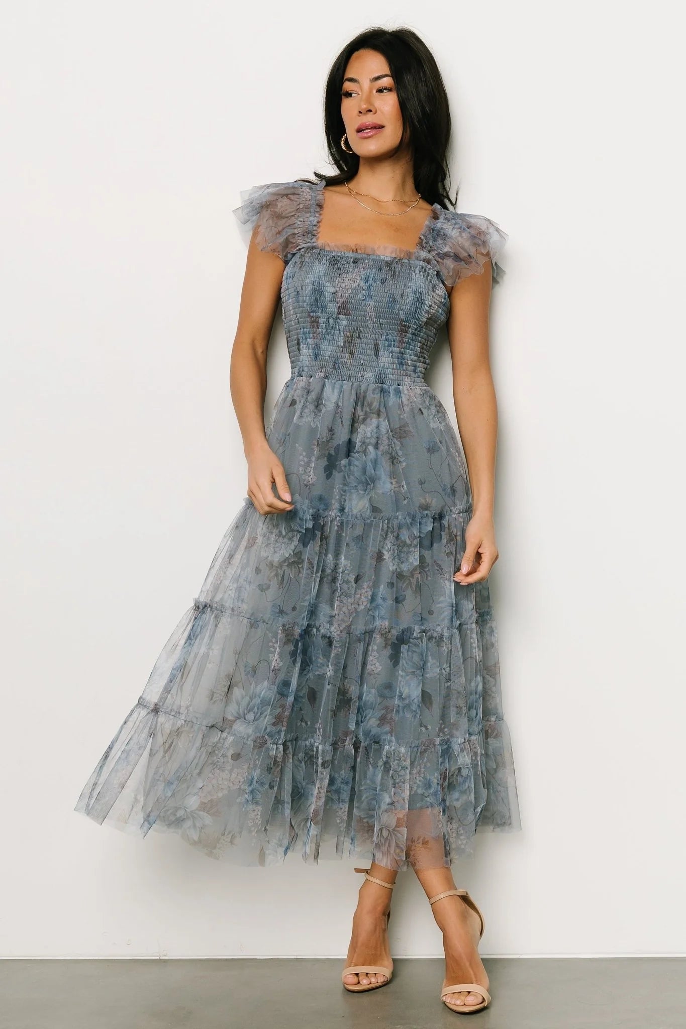Clementine Tulle Midi Dress | Dusty Blue Floral
