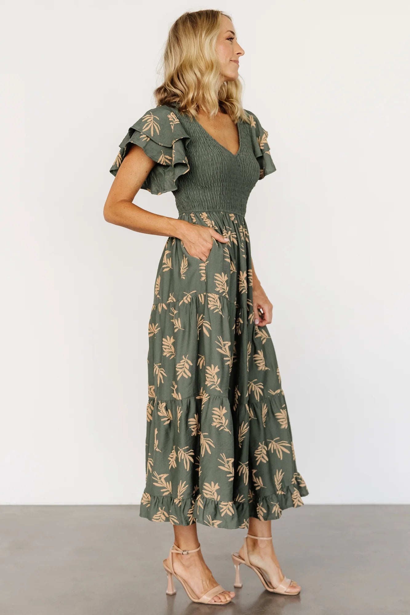 Estelle Smocked Midi Dress | Green + Tan Print
