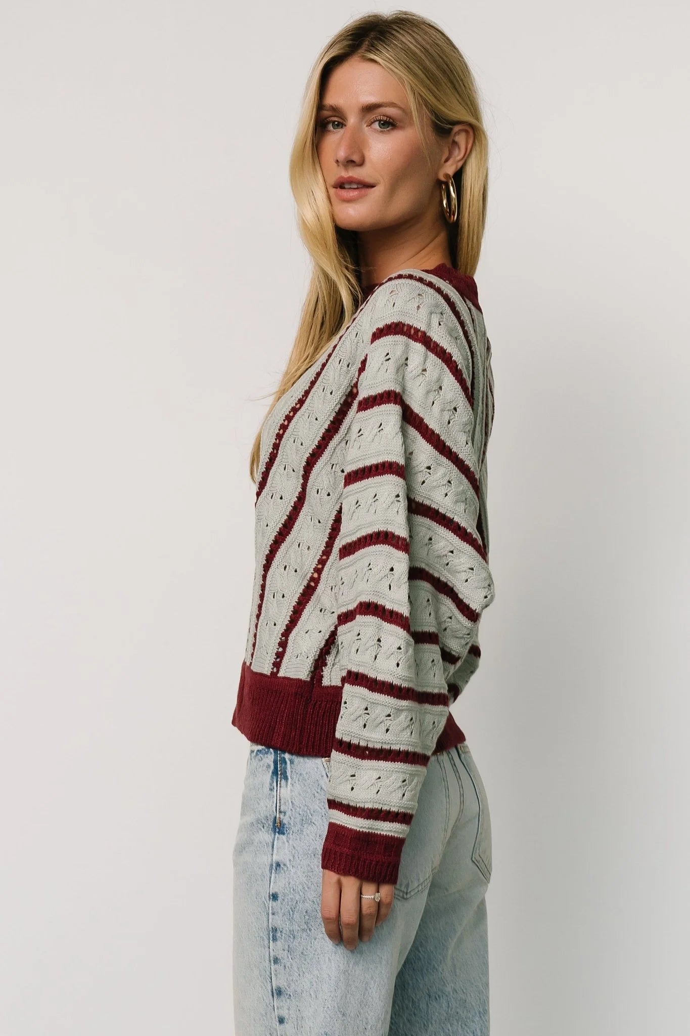Paola Pointelle Sweater | Light Blue + Burgundy