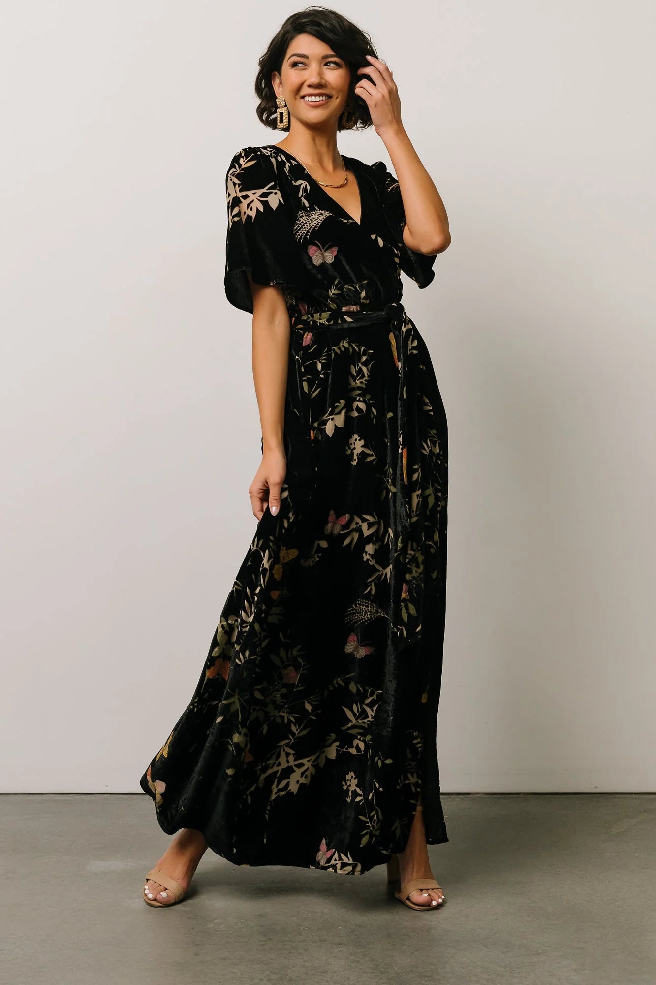 Uma Velvet Maxi Dress | Black Butterfly Print