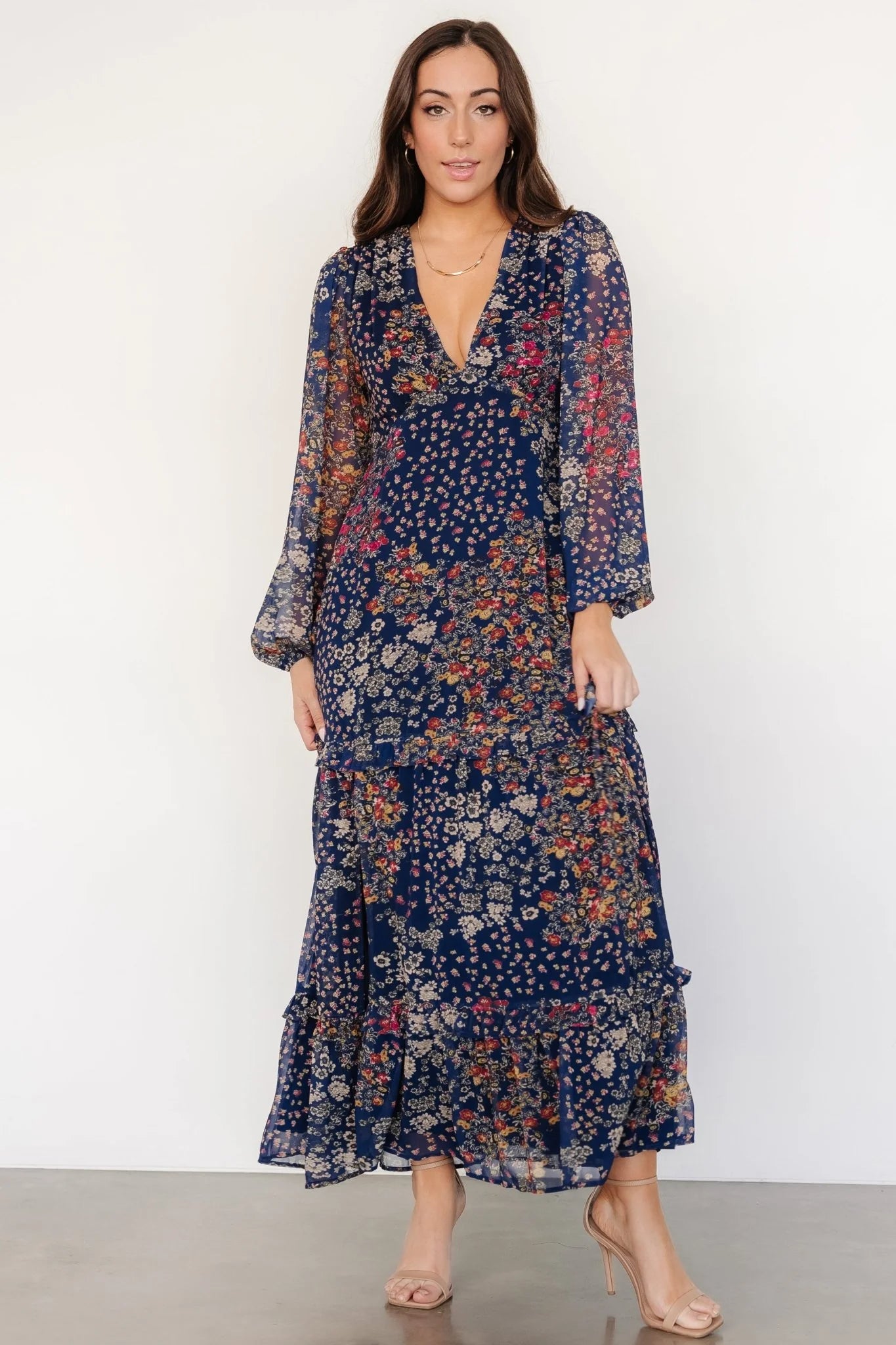 Bowman Deep V Maxi Dress | Dark Blue Multi