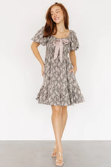 Anastasia Bow Short Dress | Dusty Olive Print