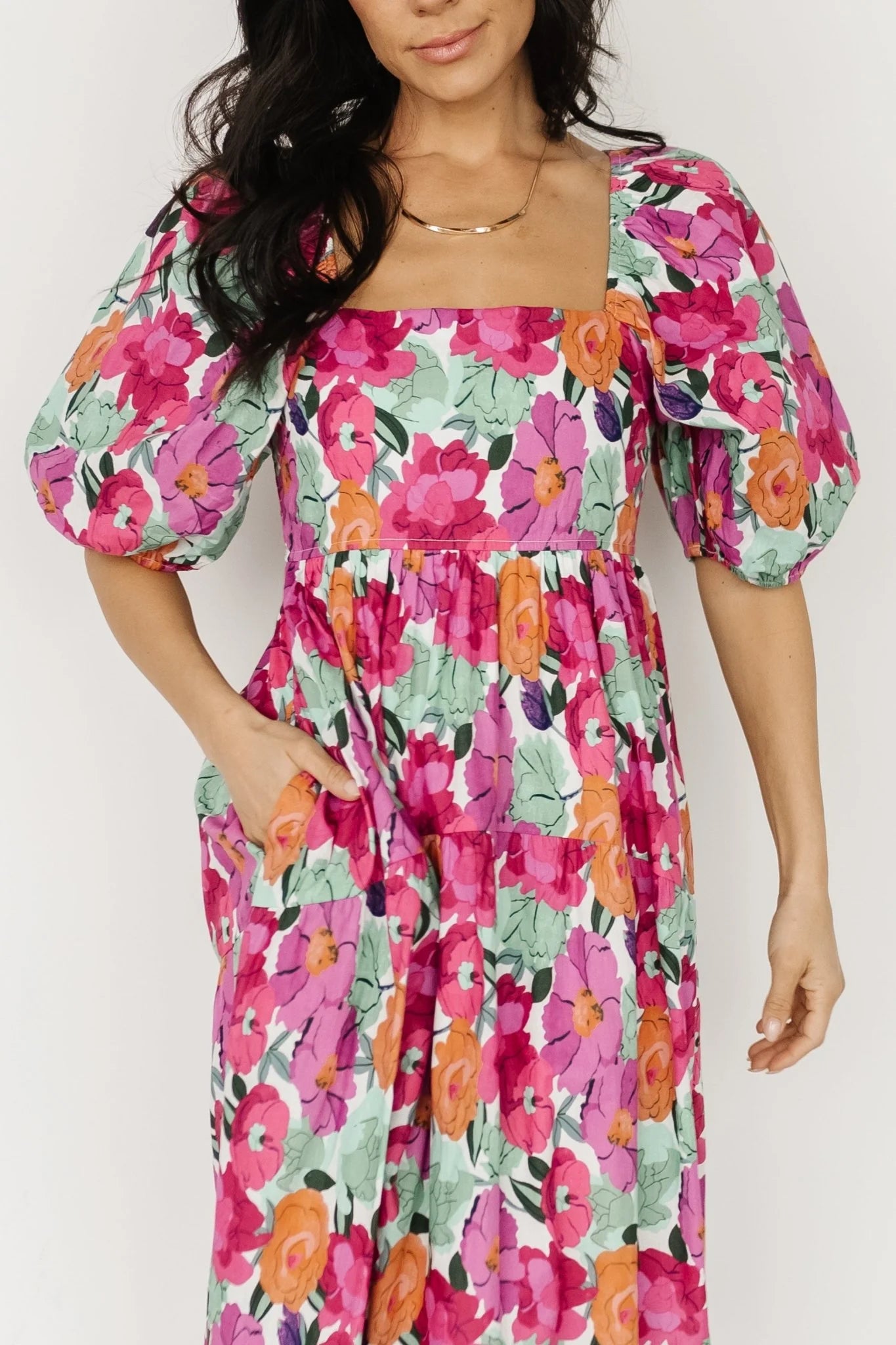 Aimee Puff Sleeve Midi Dress | Pink Multi