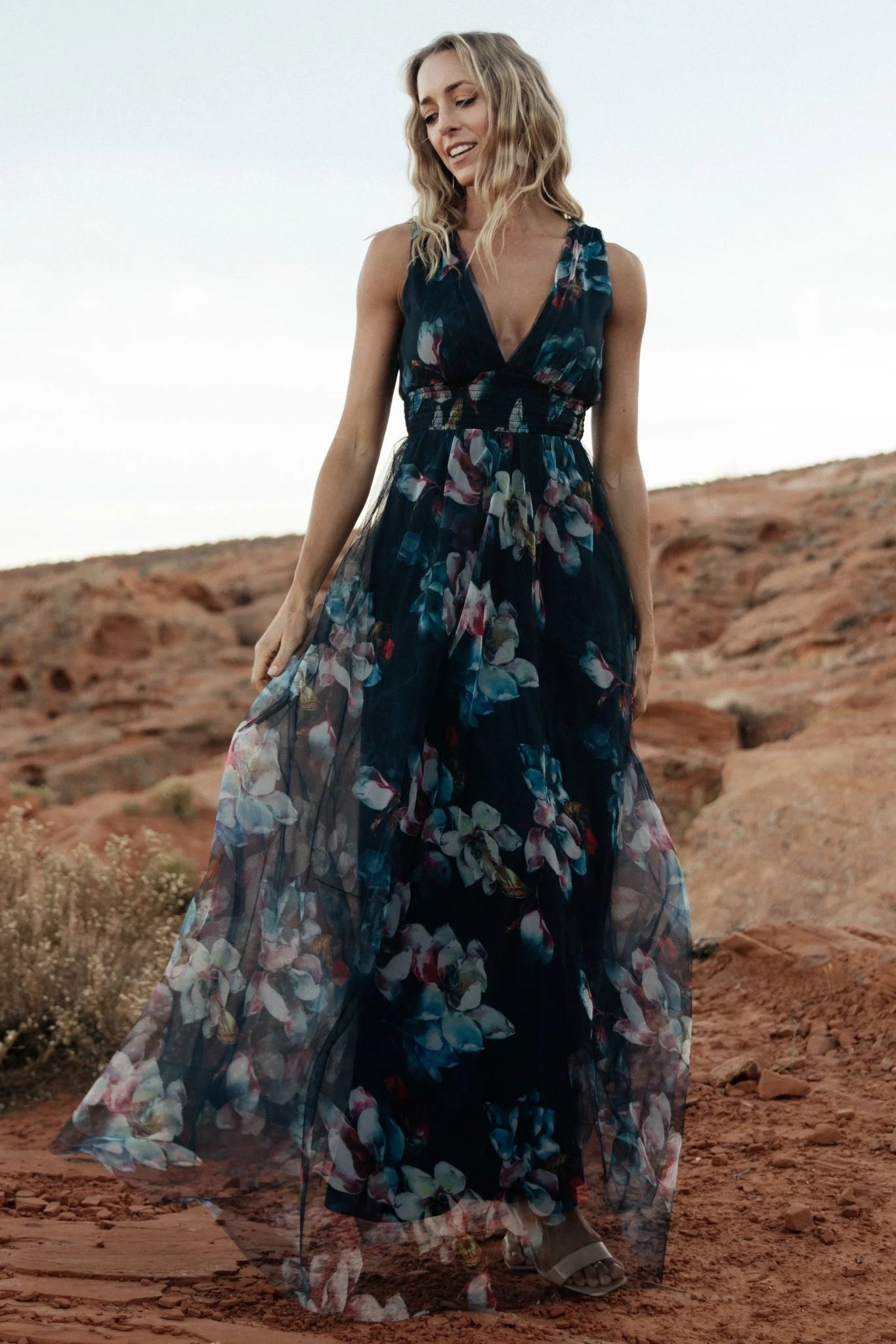 Kamila Tulle Maxi Dress | Navy Abstract Floral