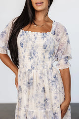 Fabian Jacquard Midi Dress | Cream + Blue Floral