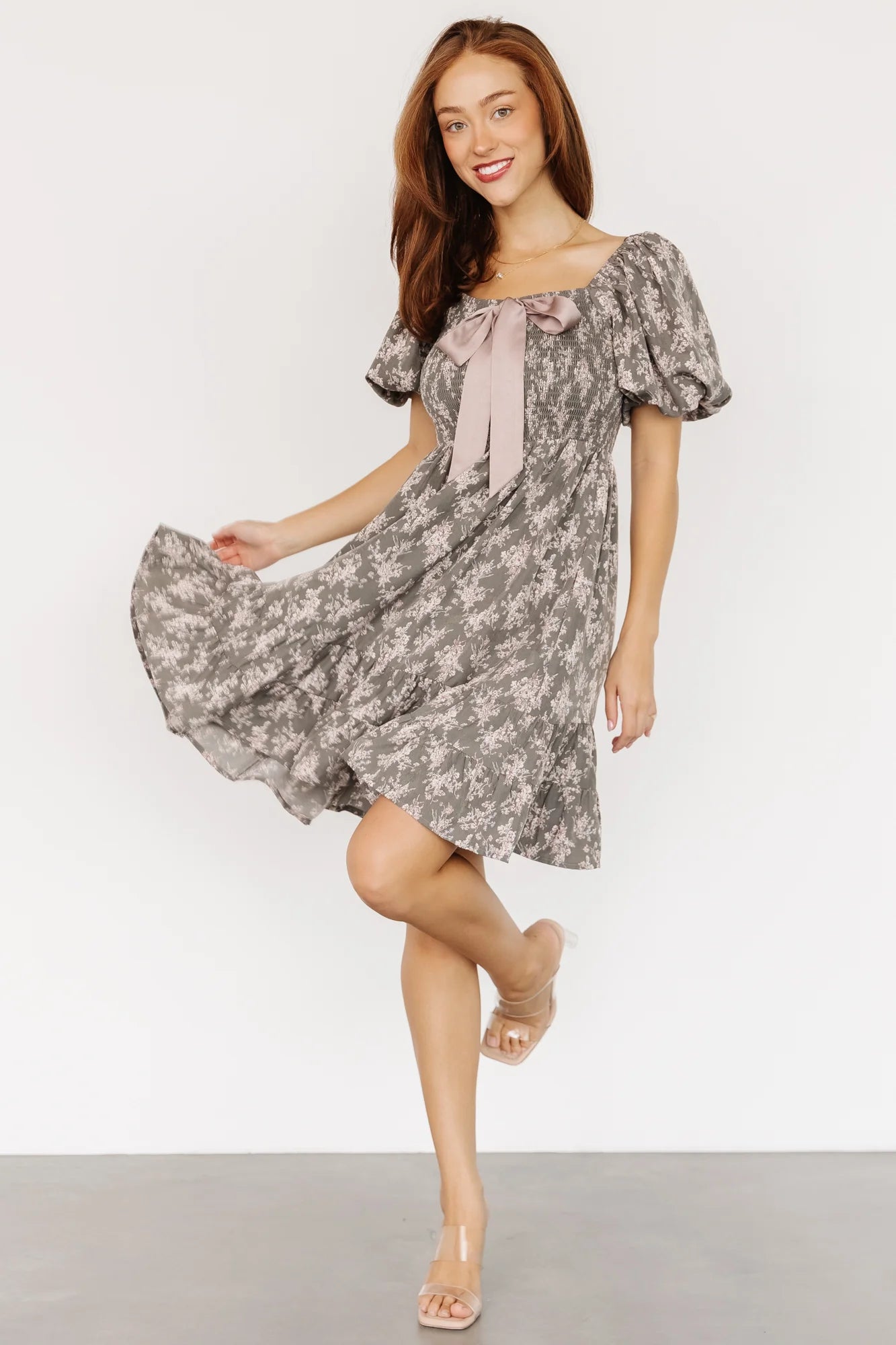 Anastasia Bow Short Dress | Dusty Olive Print