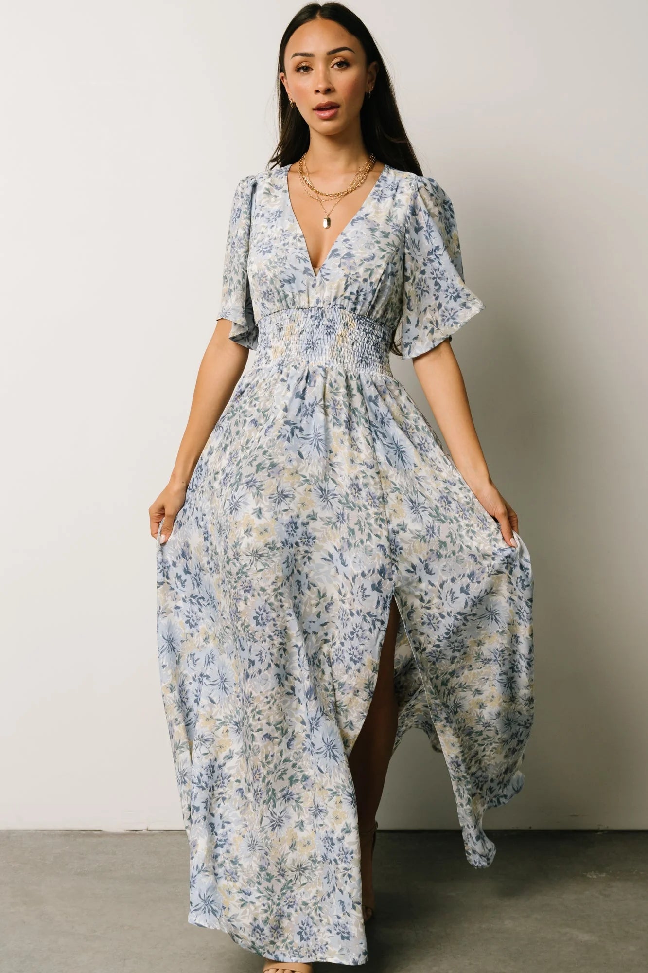 Verona Smocked Maxi Dress | White + Blue Print
