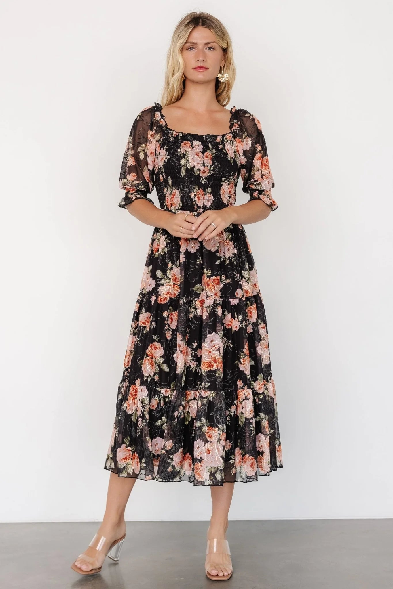 Fabian Jacquard Midi Dress | Peach + Black Floral