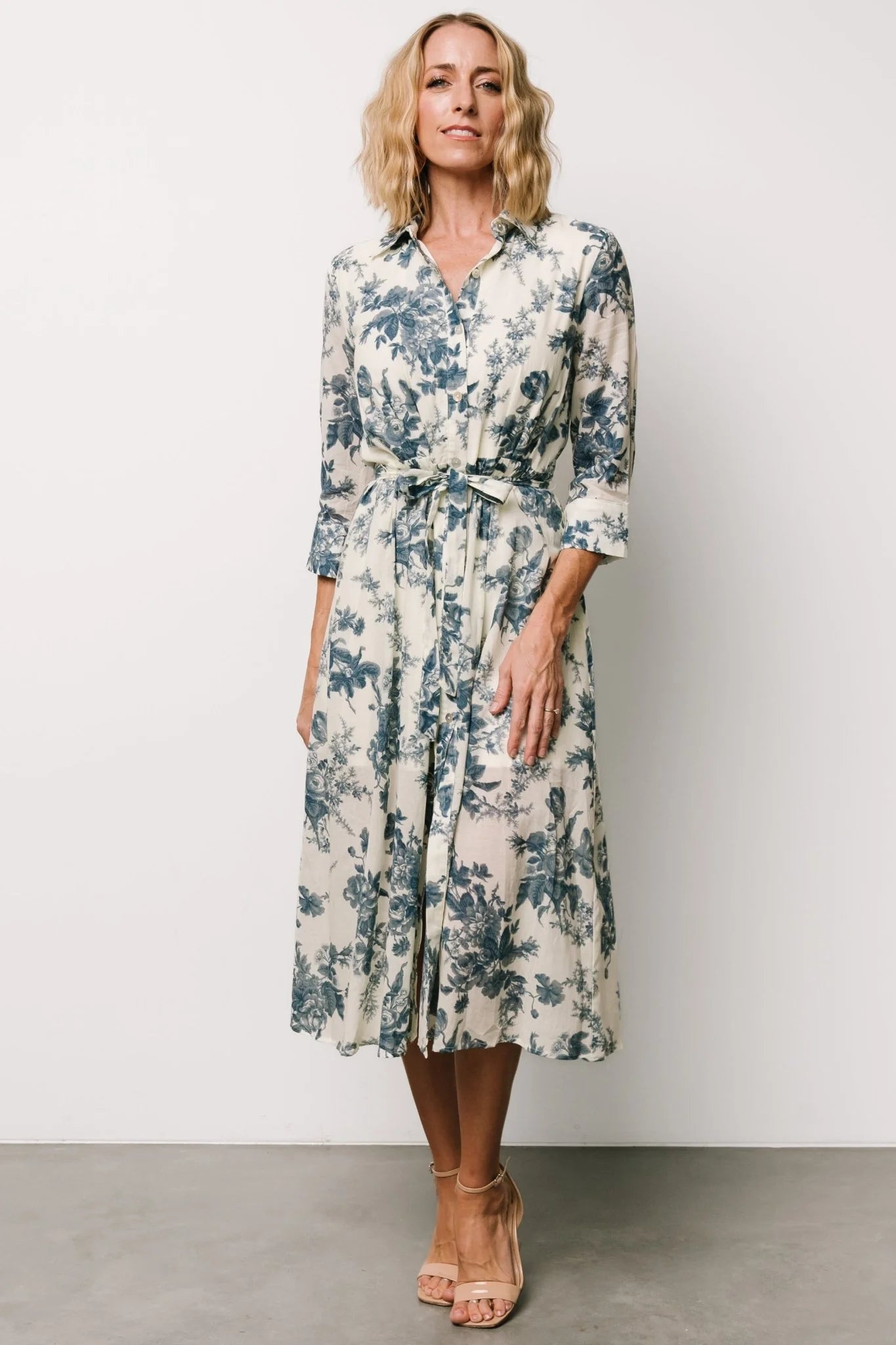 Eunice Button Midi Dress | Ivory + Blue Floral