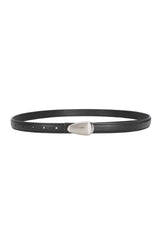Black and Silver Oval Buckle Thin Leather Belt