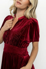 Maida Embroidered Velvet Dress | Cranberry