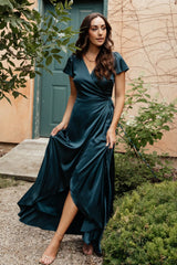 Krystal Satin Wrap Gown | Deep Blue