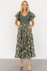 Estelle Smocked Midi Dress | Green + Tan Print