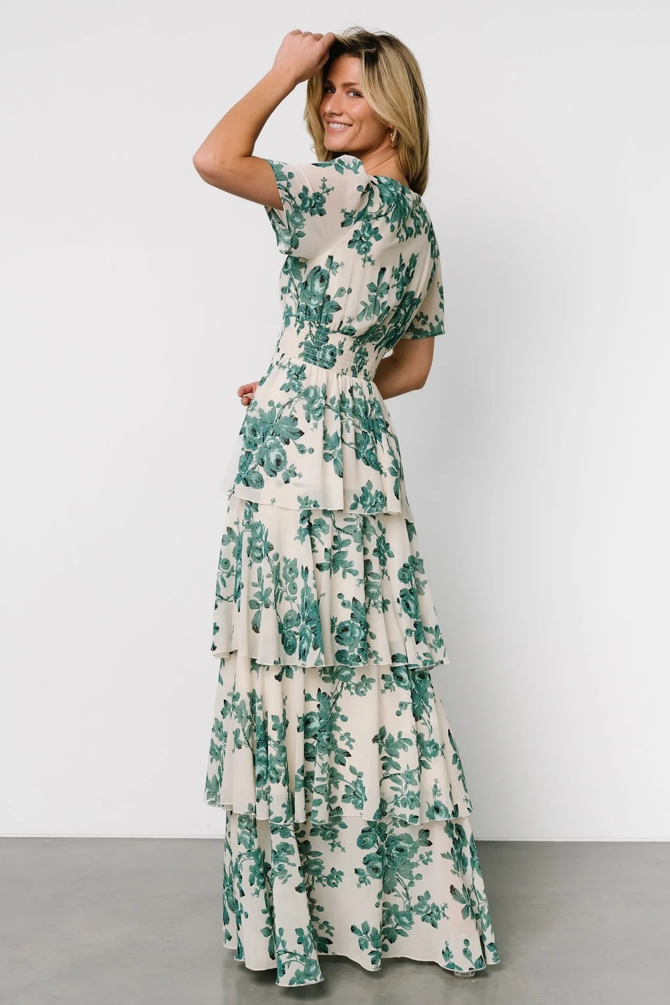 Montaigne Ruffle Maxi Dress | Ivory + Green Floral