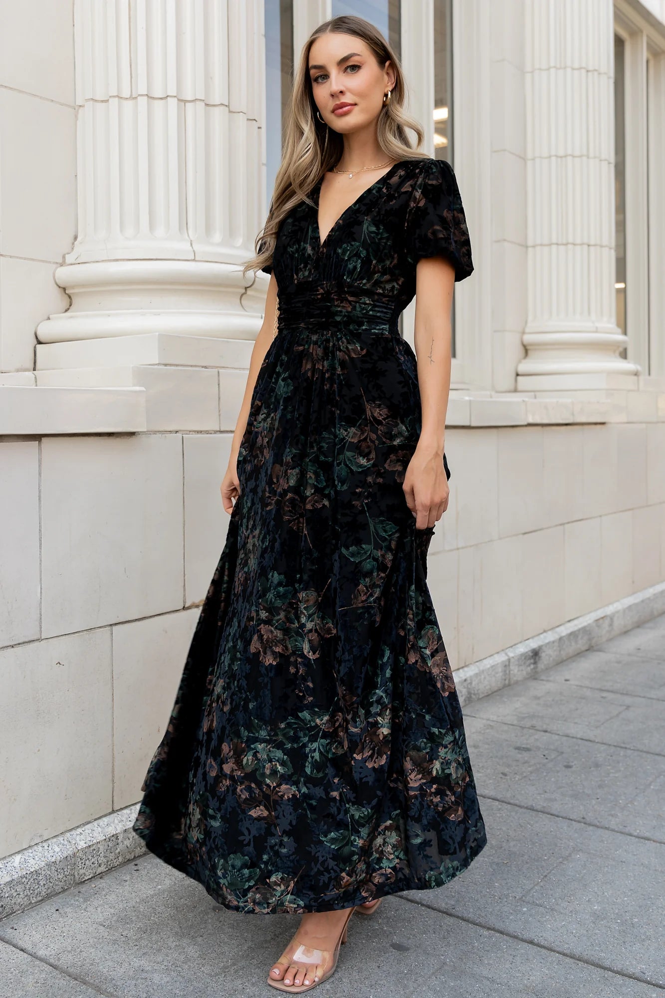 Leslie Velvet Maxi Dress | Black + Deep Jade Floral