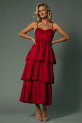 Violetta Embossed Tiered Dress | Deep Red