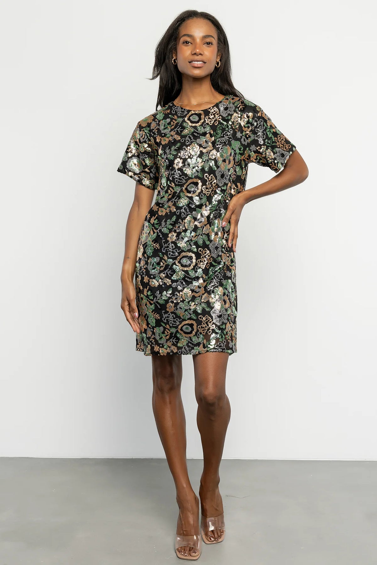 Squires Sequin Short Dress | Black + Green Multi