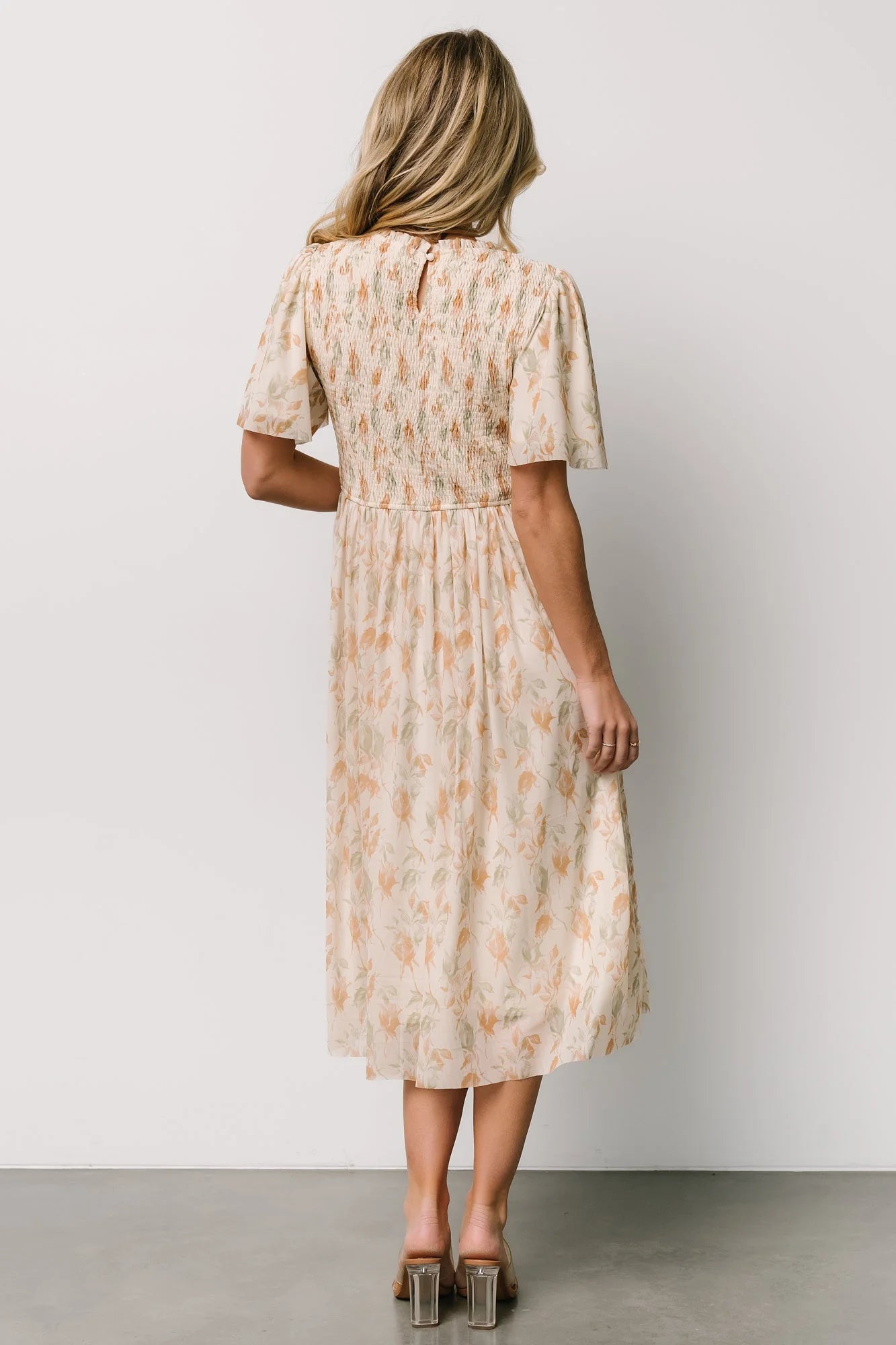 Bailey Smocked Midi Dress | Ivory + Golden Floral