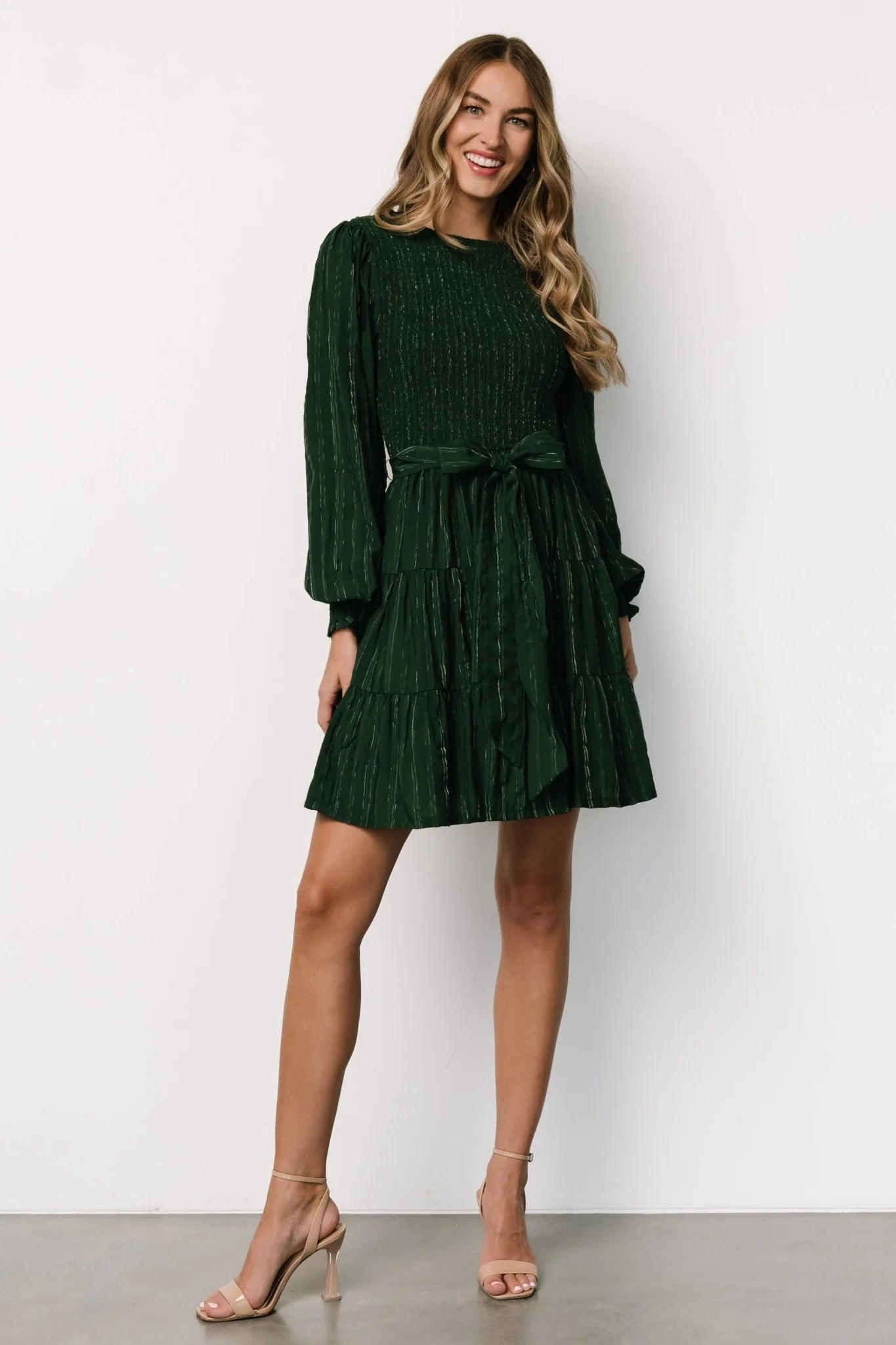 Ivey Smocked Short Dress | Dark Green + Silver