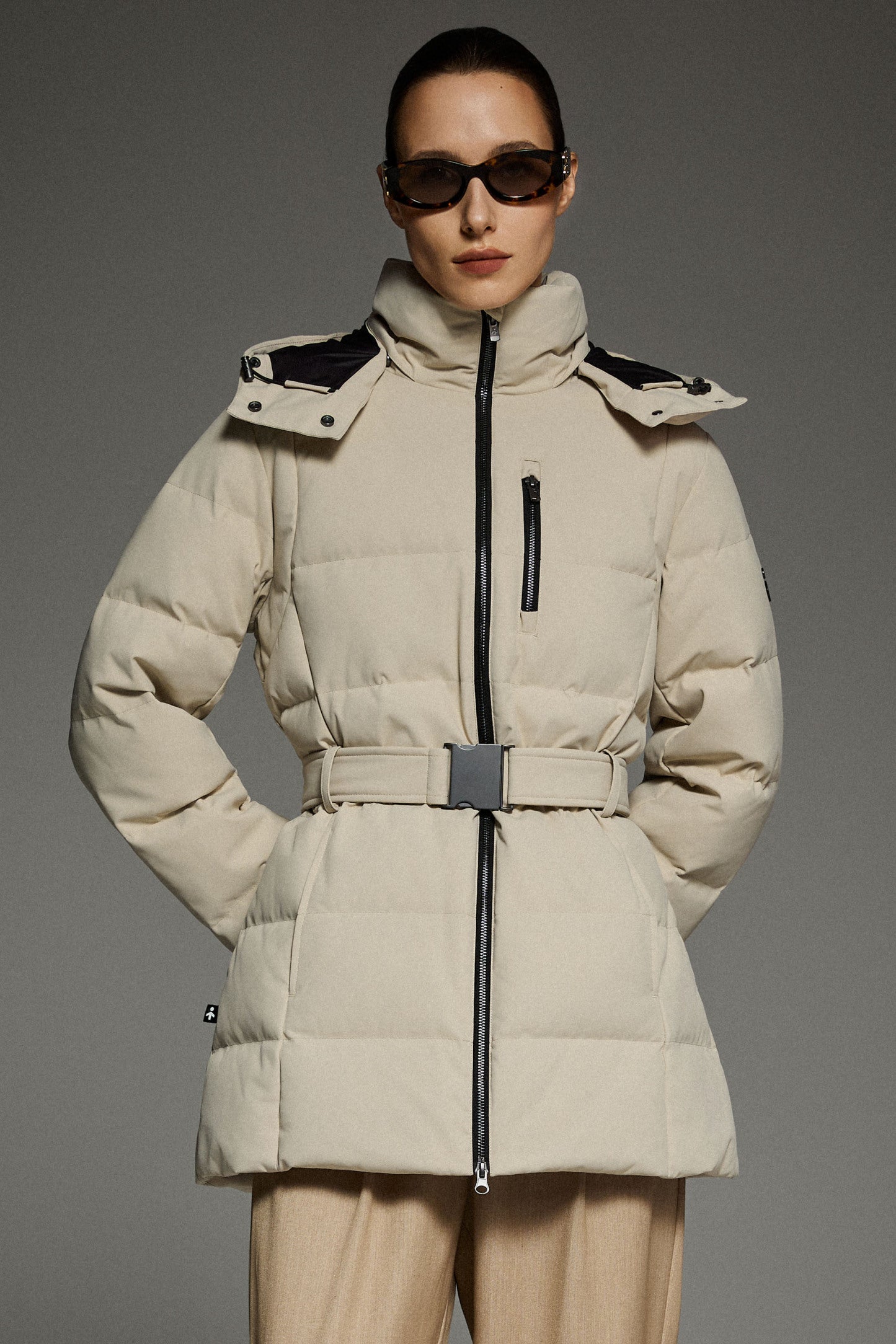 Celeste Polished Edge Belted Hooded Down Jacket