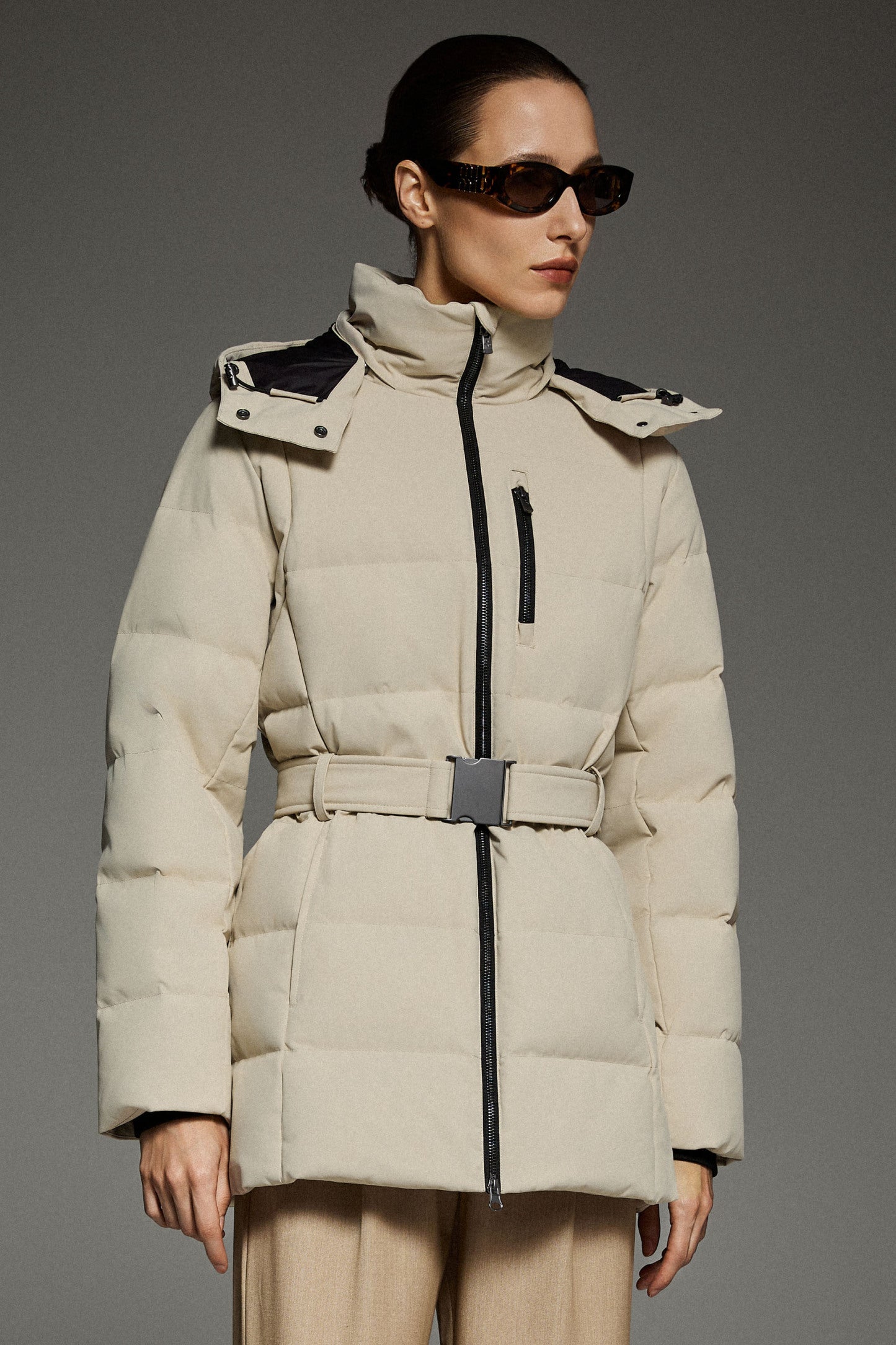 Celeste Polished Edge Belted Hooded Down Jacket