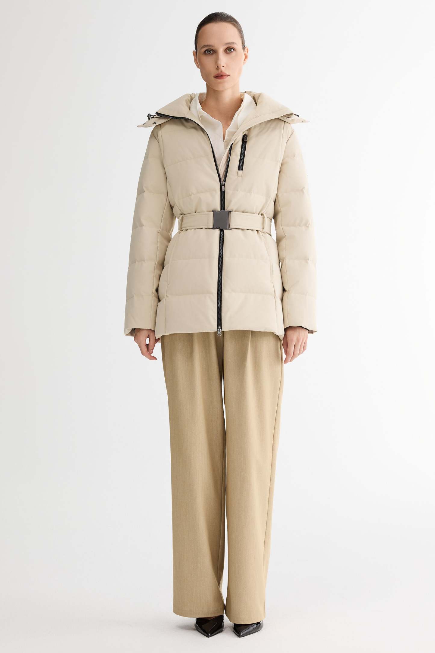 Celeste Polished Edge Belted Hooded Down Jacket