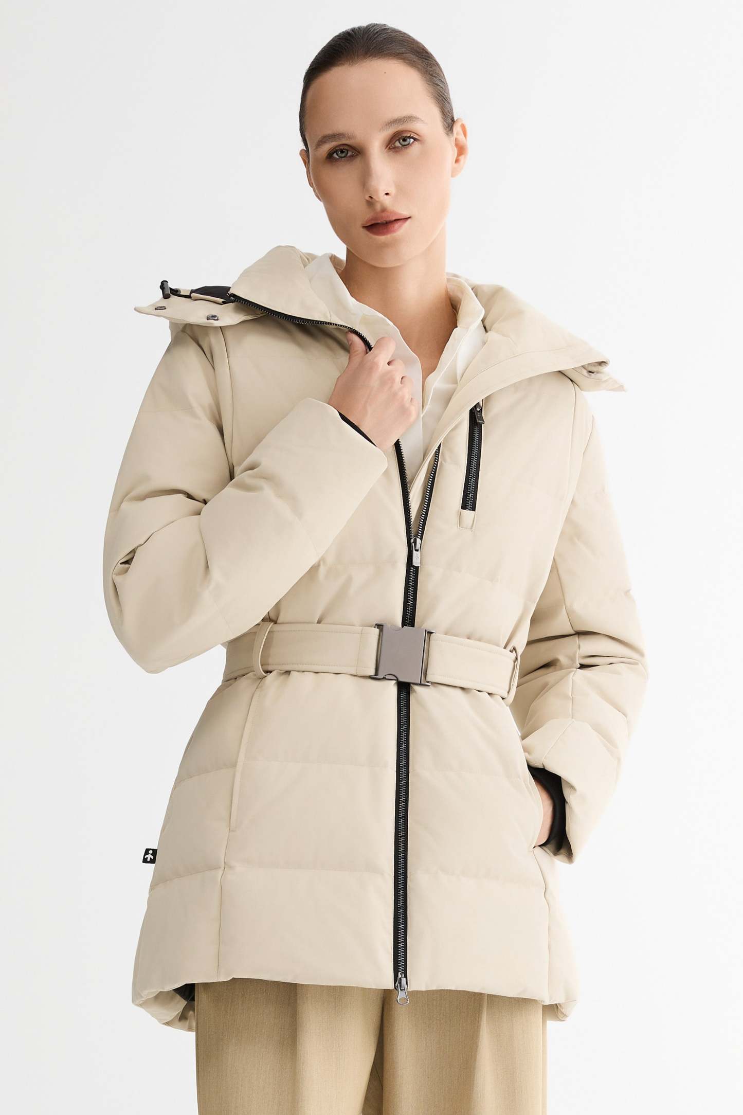 Celeste Polished Edge Belted Hooded Down Jacket