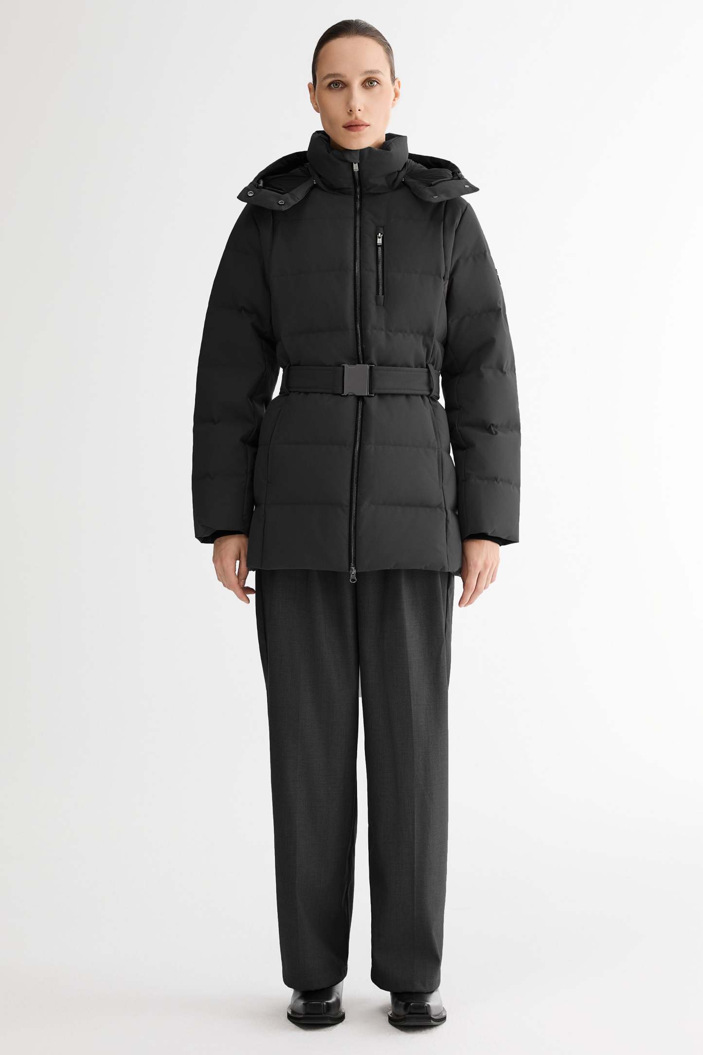 Celeste Polished Edge Belted Hooded Down Jacket