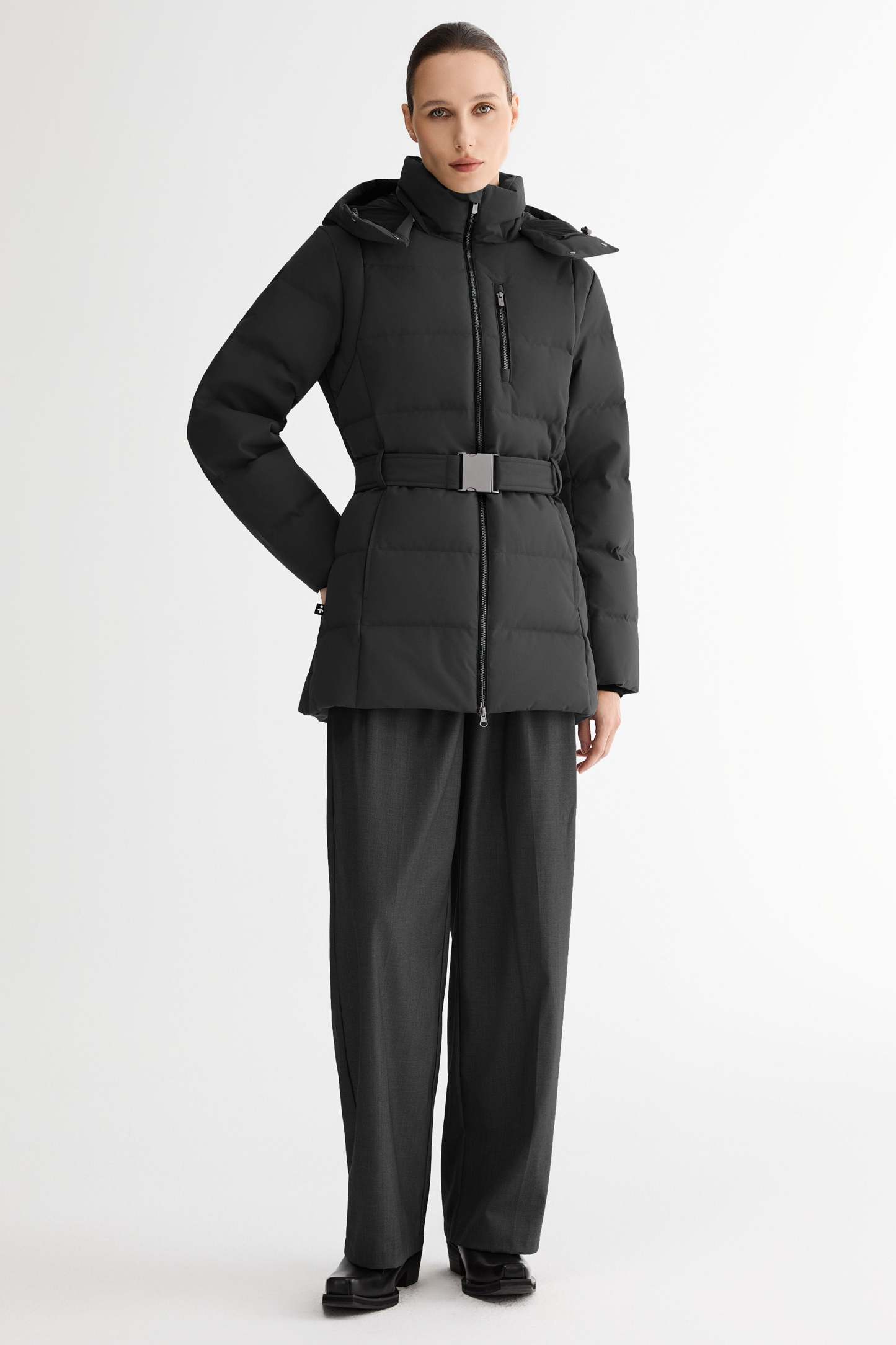 Celeste Polished Edge Belted Hooded Down Jacket