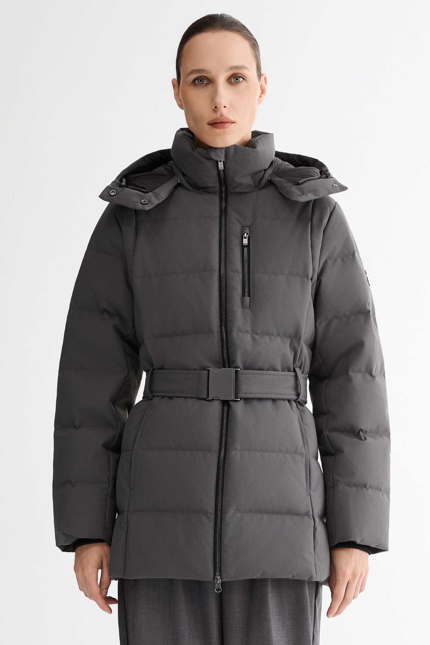 Celeste Polished Edge Belted Hooded Down Jacket