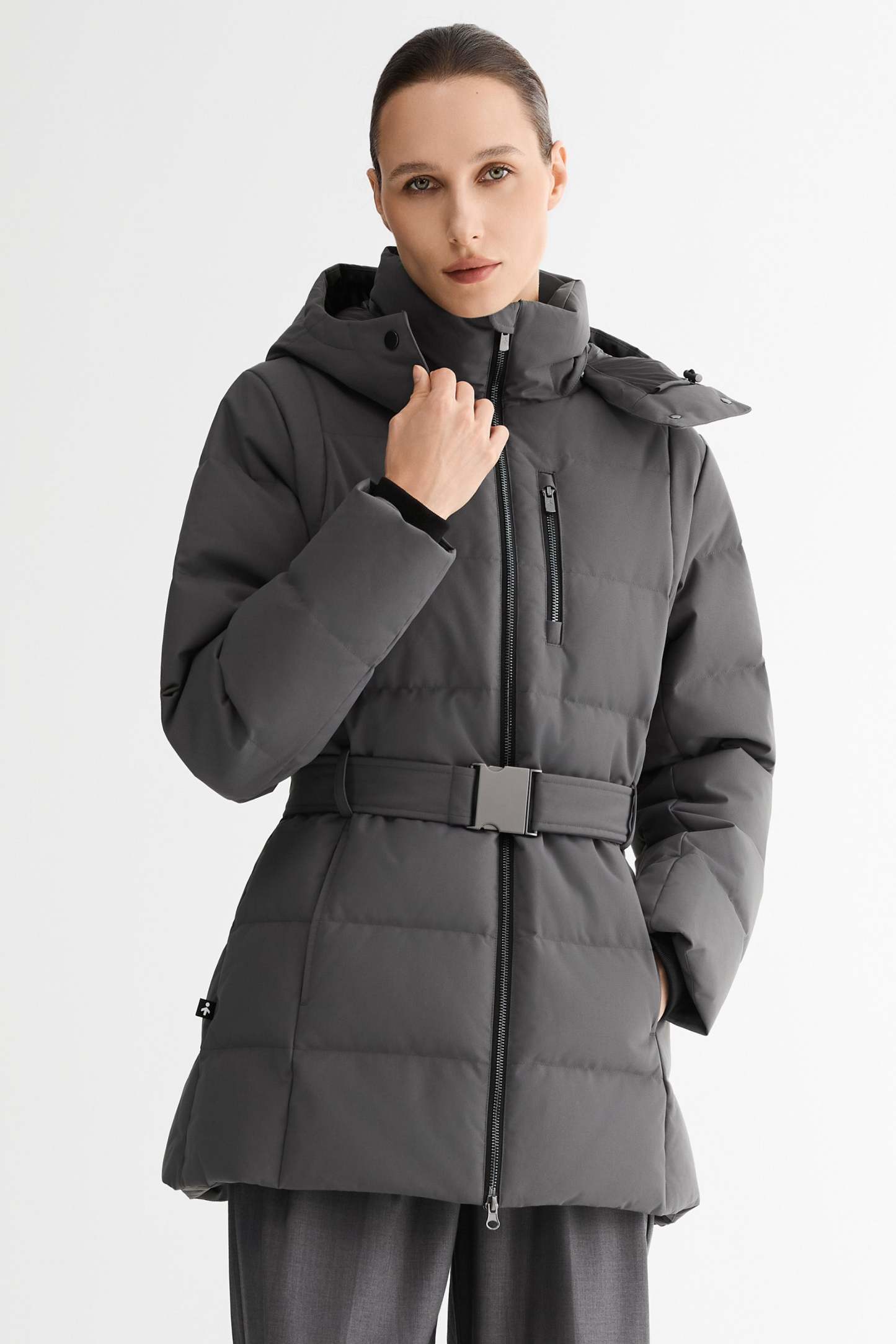 Celeste Polished Edge Belted Hooded Down Jacket