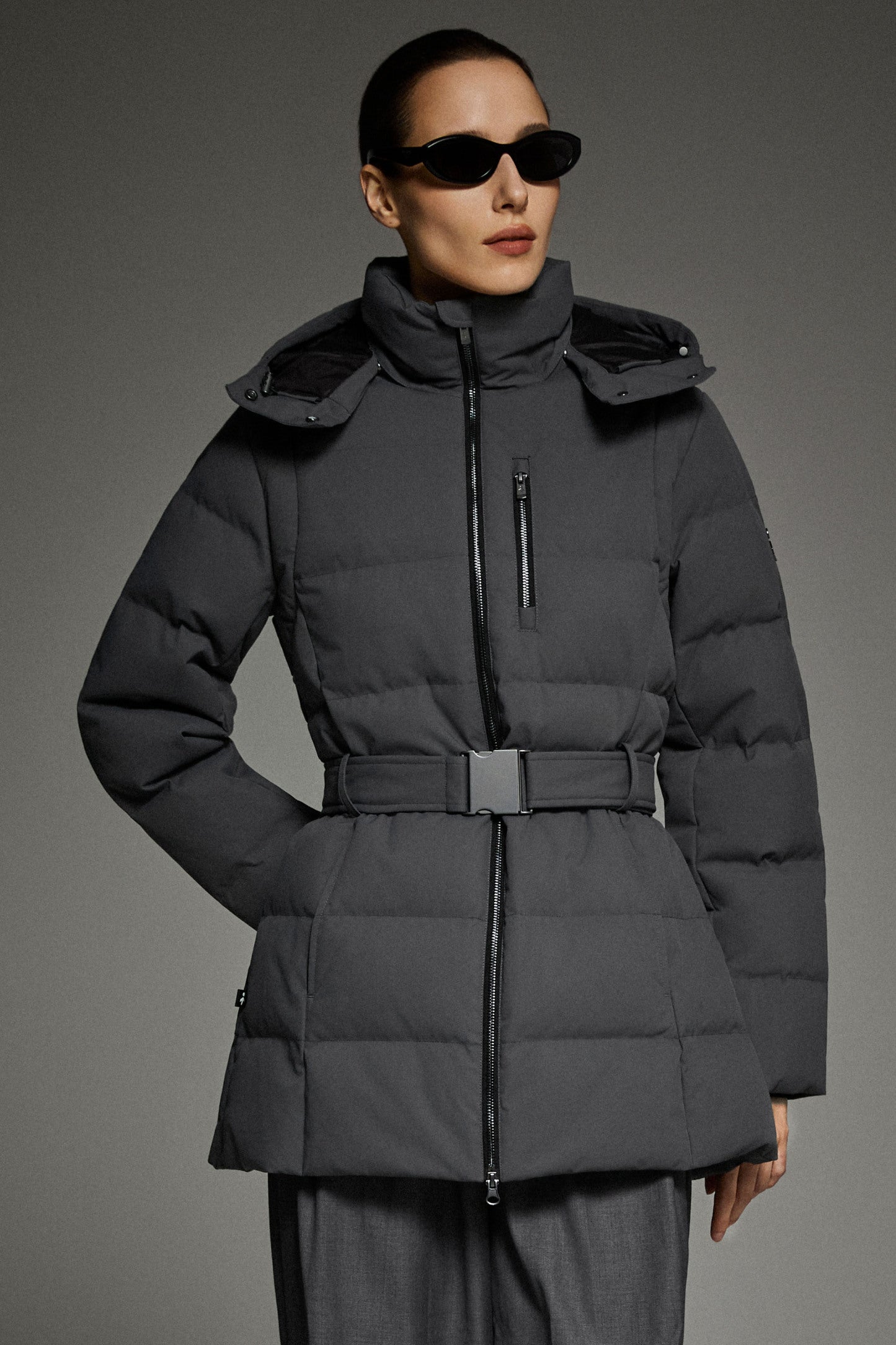 Celeste Polished Edge Belted Hooded Down Jacket