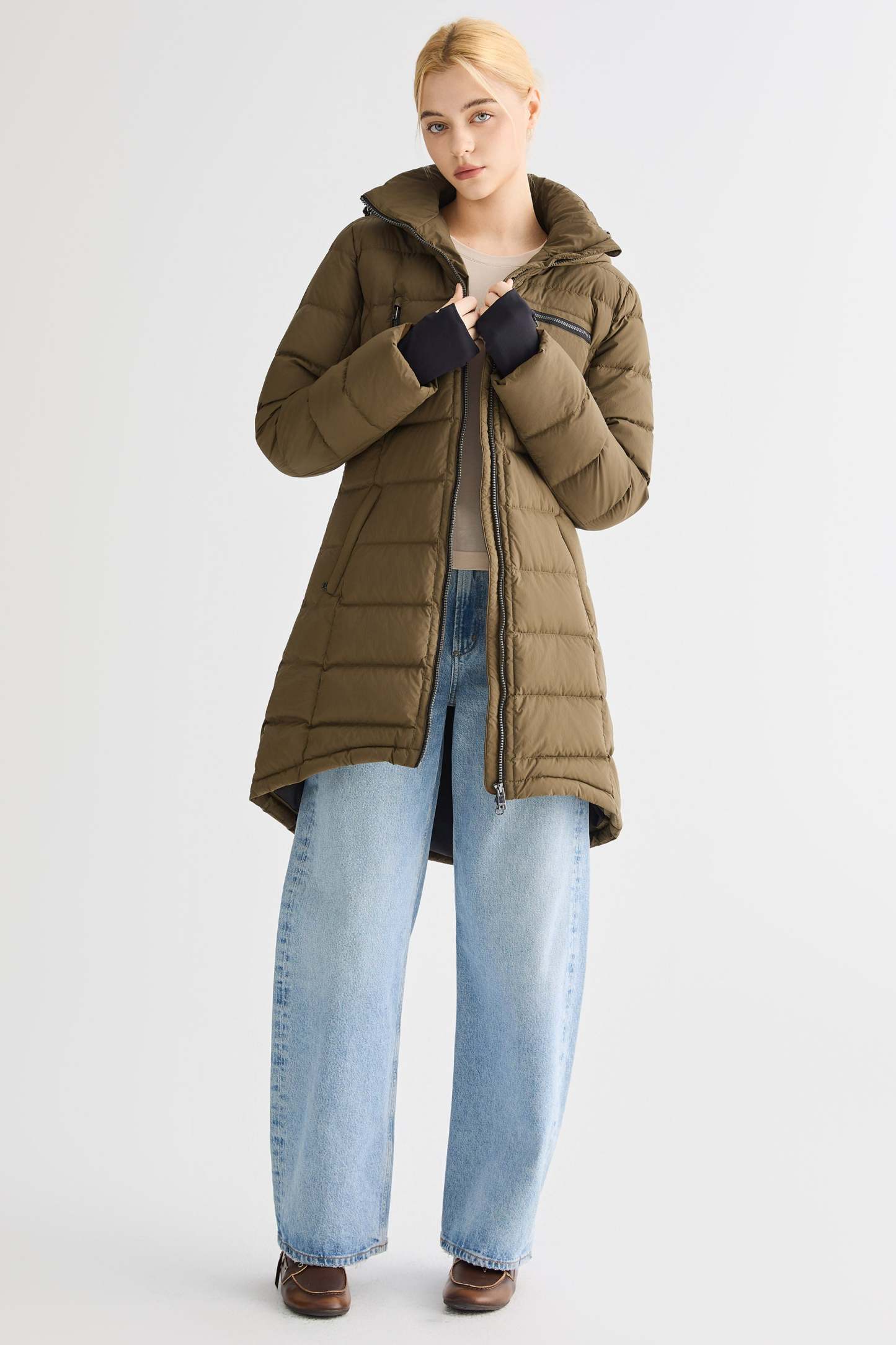 Slant Pocket Zip up Puffer Down Coat