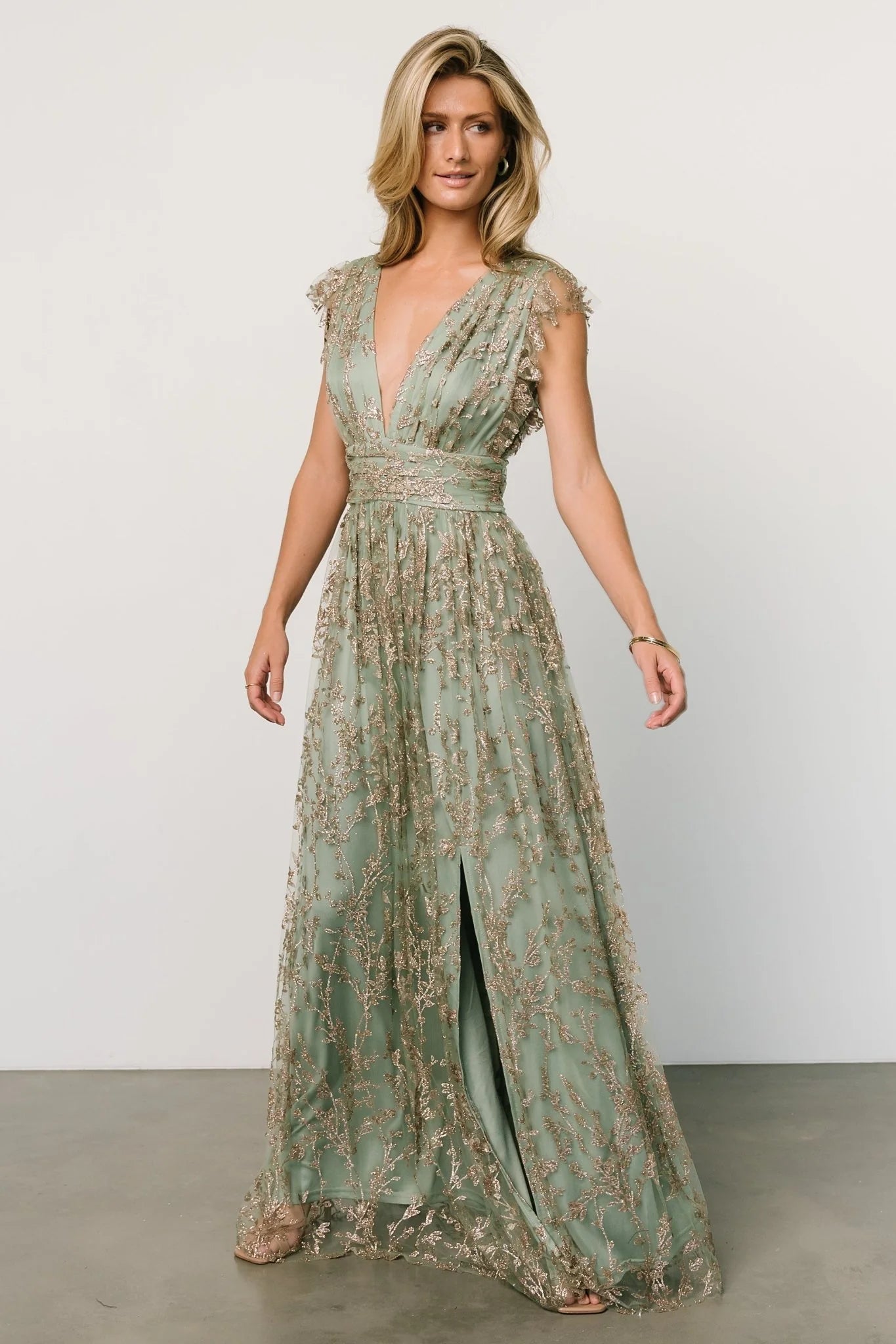 Arlene Shimmer Gown | Sage + Gold