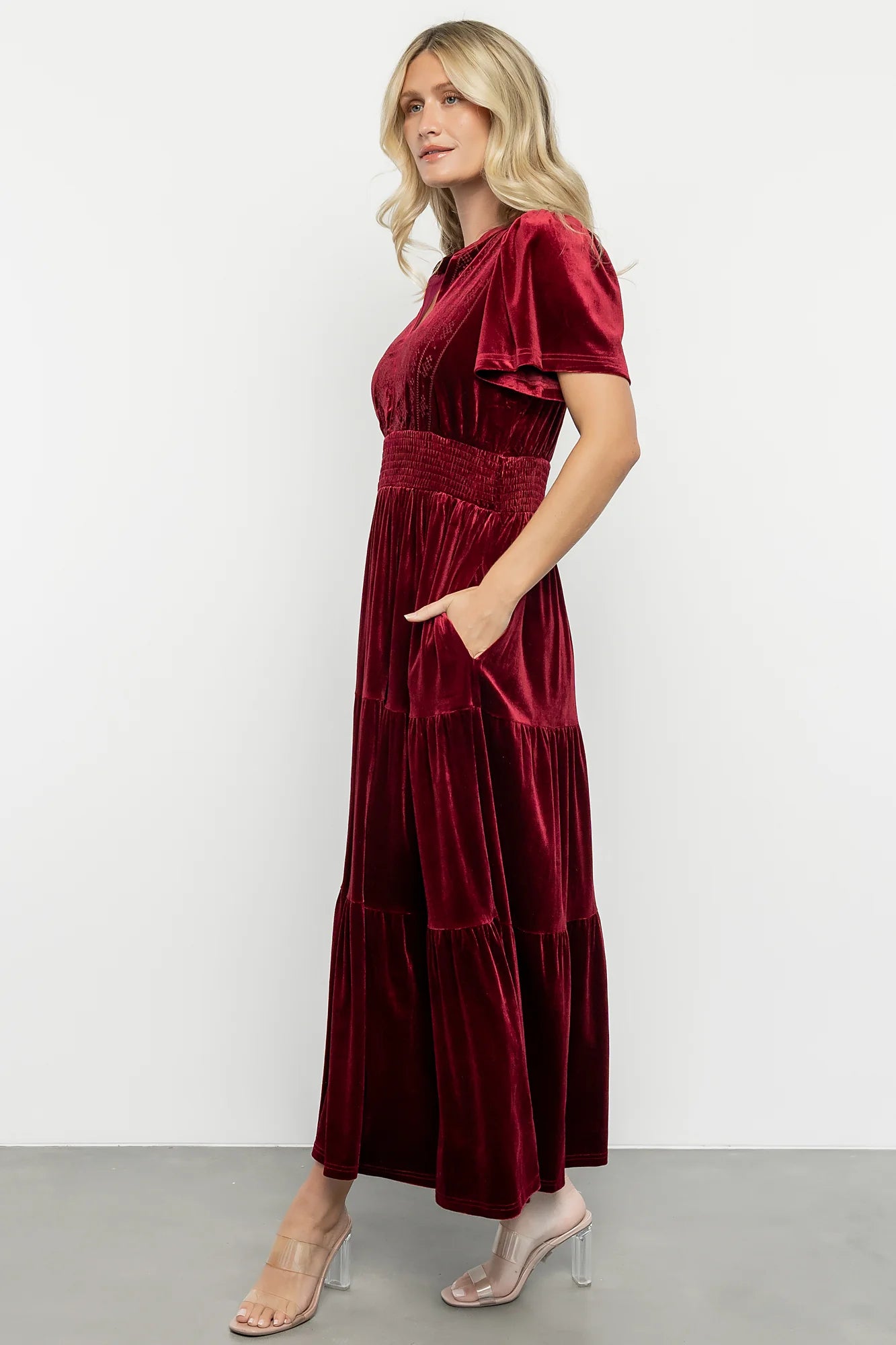 Maida Embroidered Velvet Dress | Cranberry