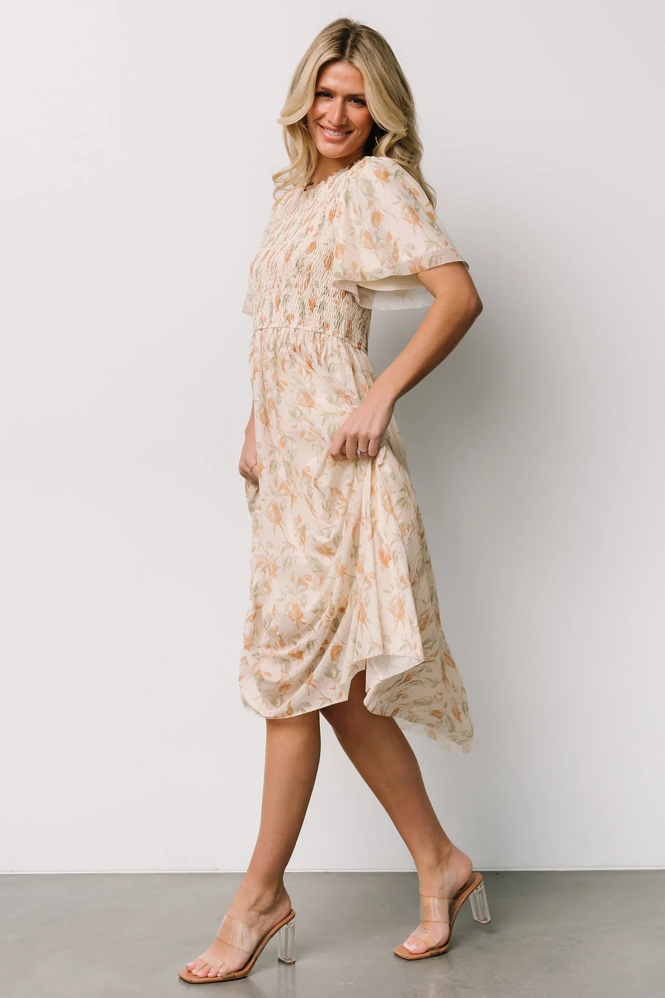 Bailey Smocked Midi Dress | Ivory + Golden Floral