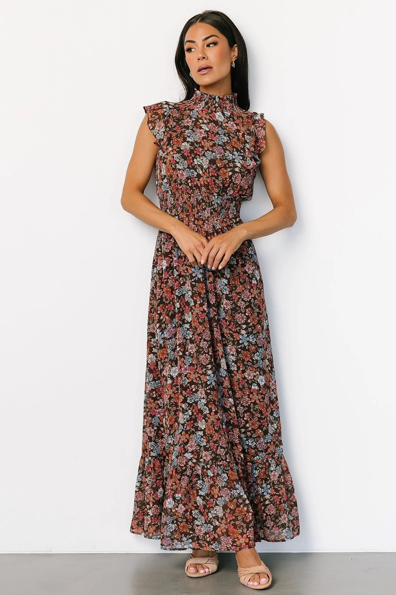Kearny Ruffle Maxi Dress | Brown Multi Floral