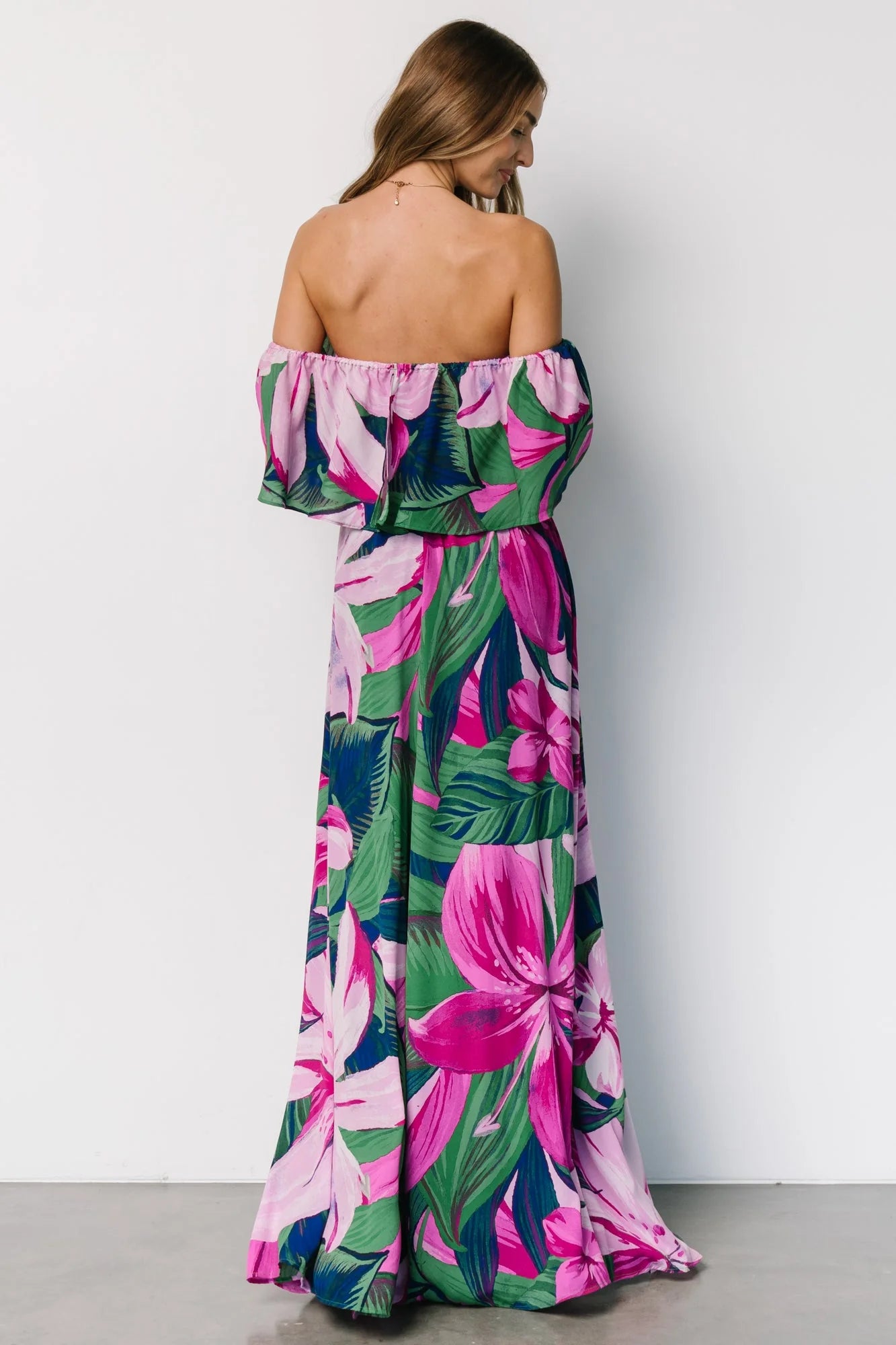 Azalea Off Shoulder Maxi Dress | Green + Fuchsia Floral