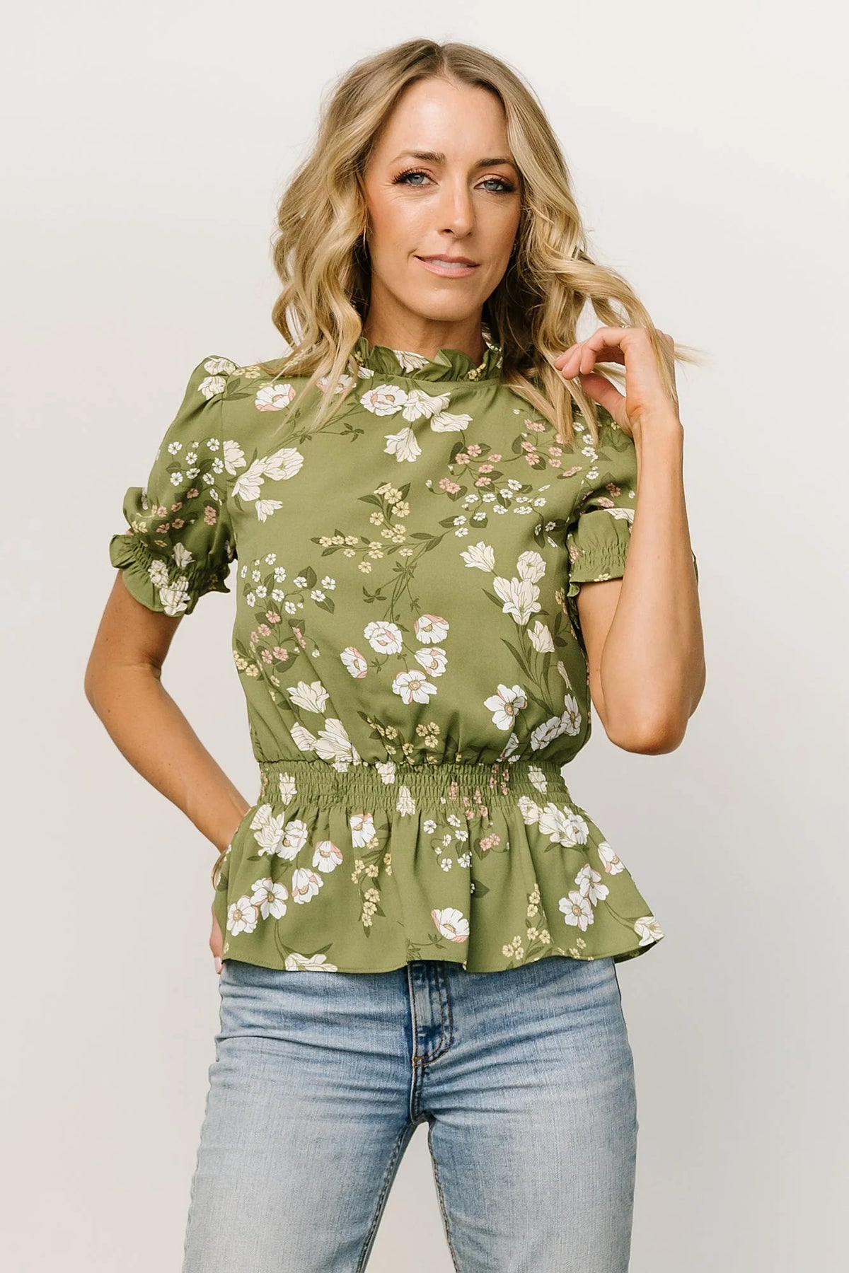 Beth Peplum Top | Olive Floral