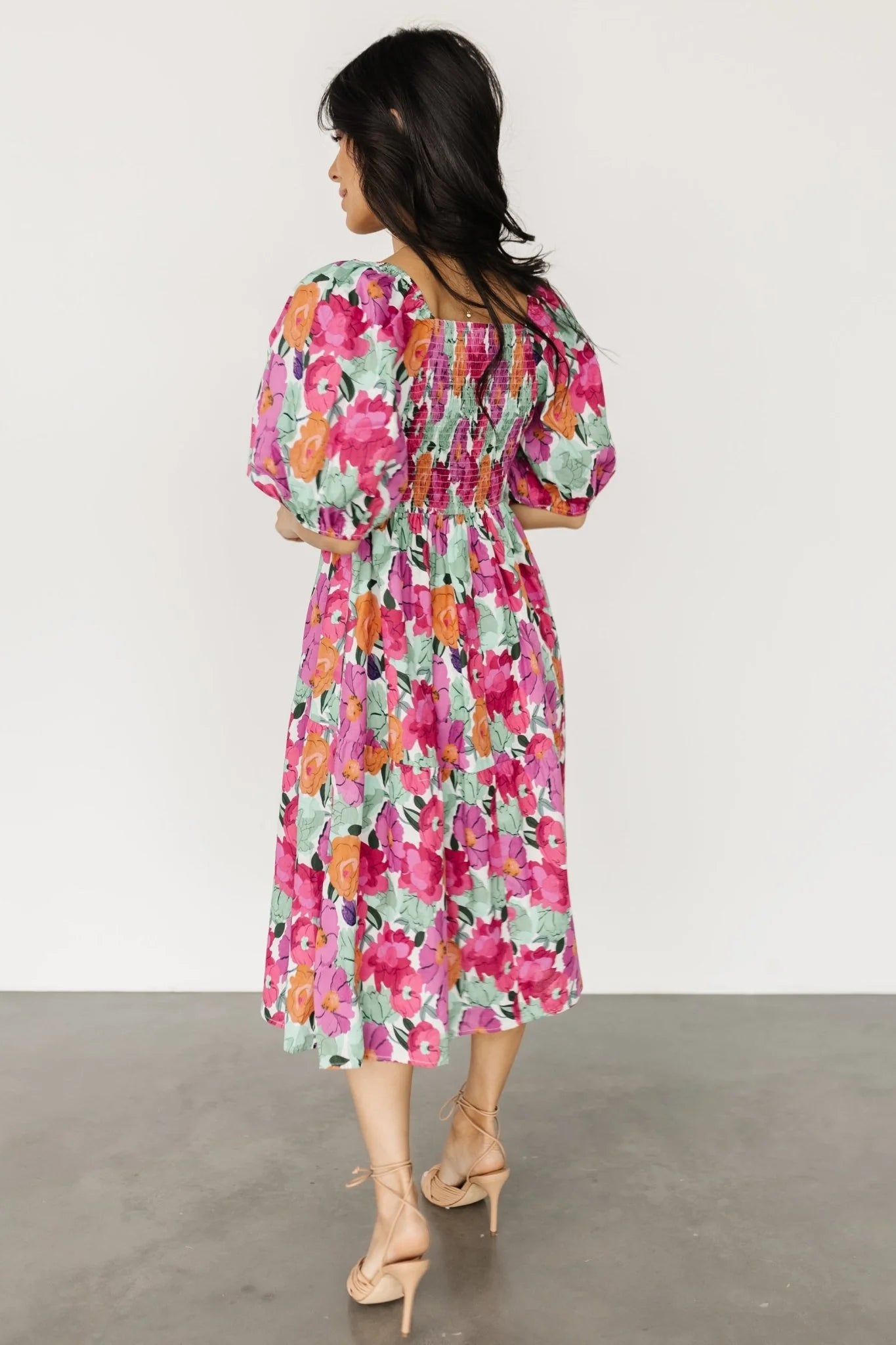 Aimee Puff Sleeve Midi Dress | Pink Multi