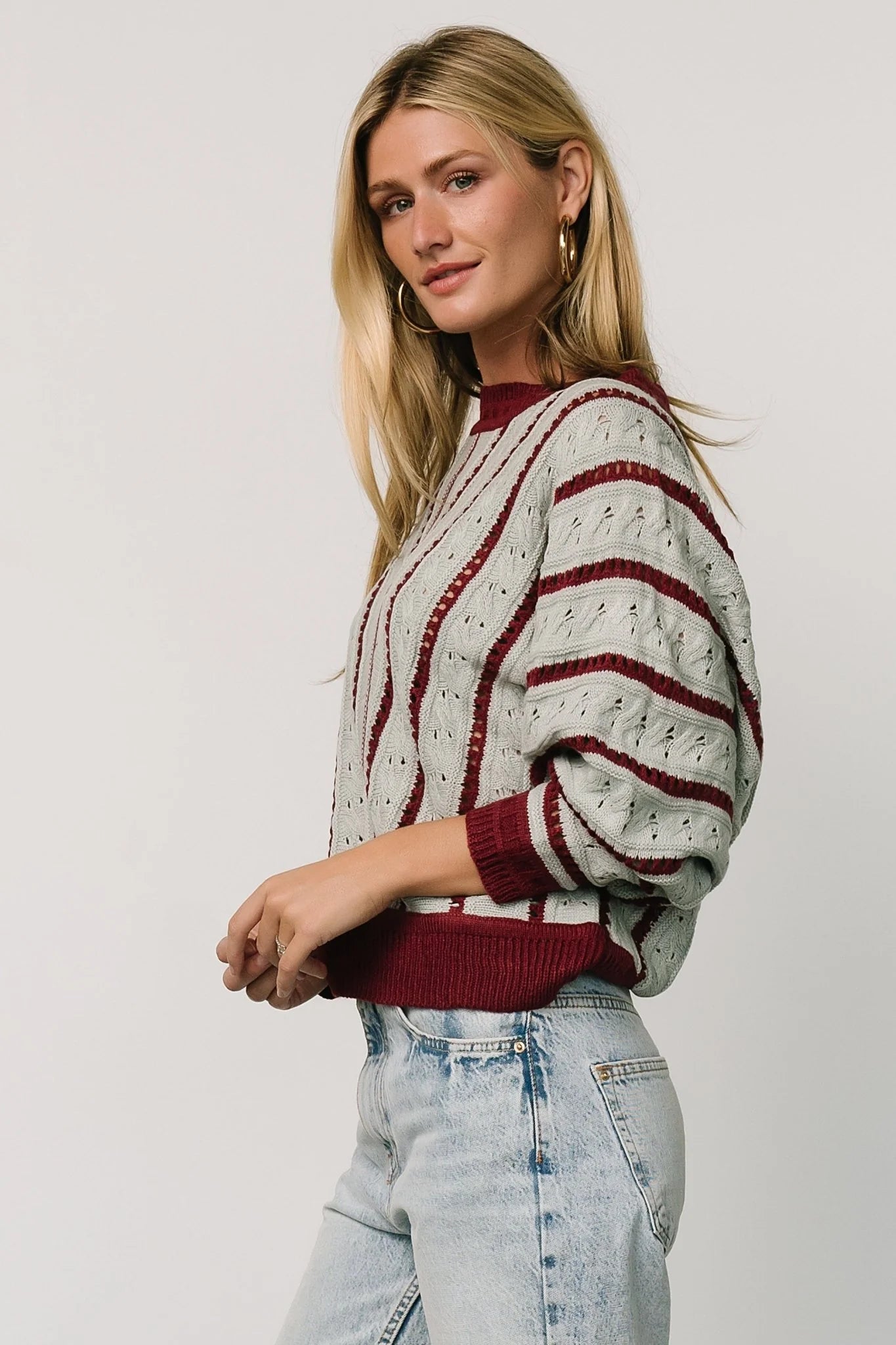 Paola Pointelle Sweater | Light Blue + Burgundy
