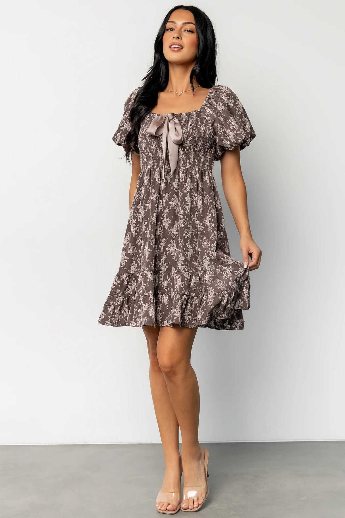 Anastasia Bow Short Dress | Dusty Clove Print