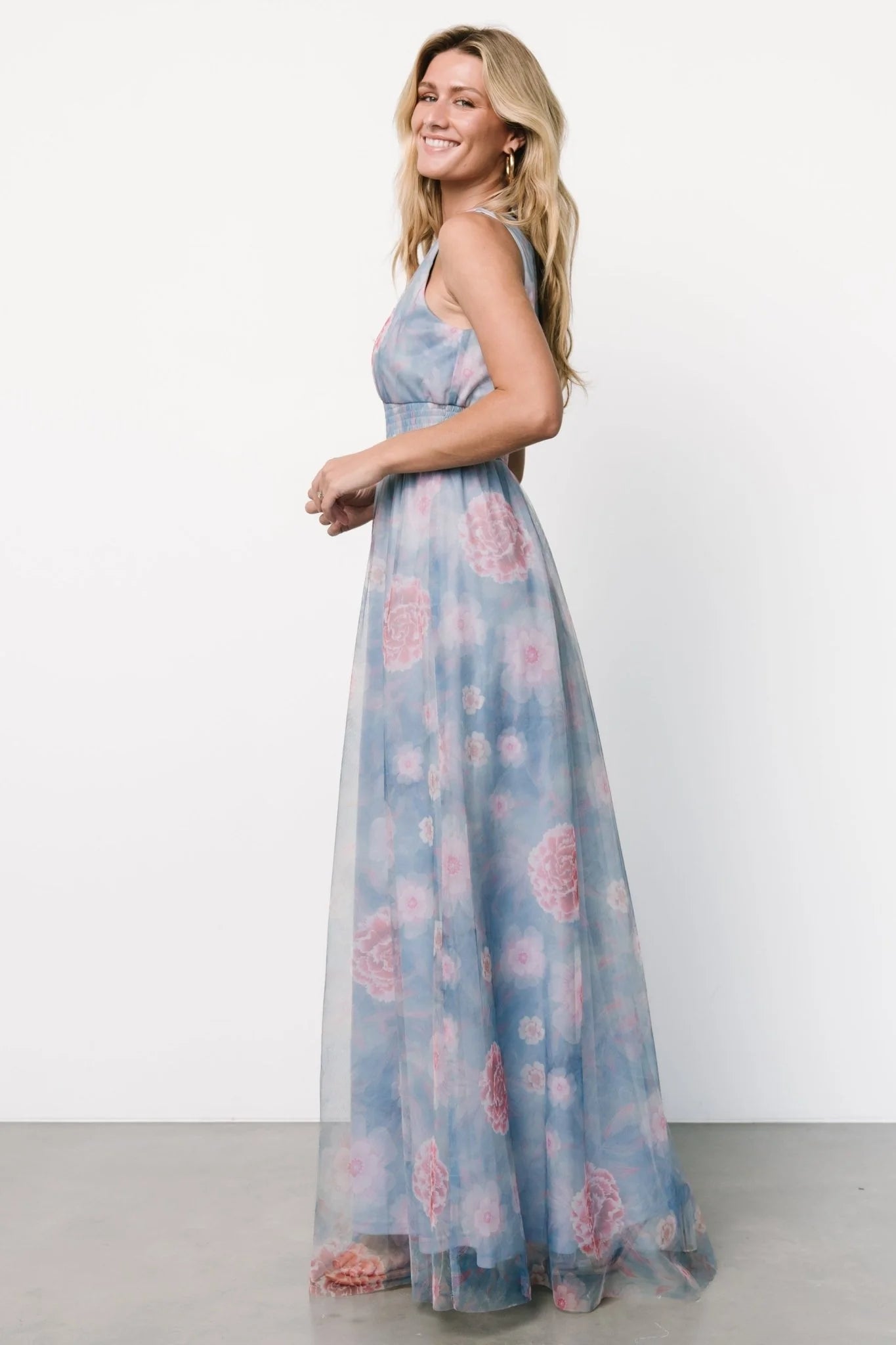 Kamila Tulle Maxi Dress | Light Blue + Pink Floral