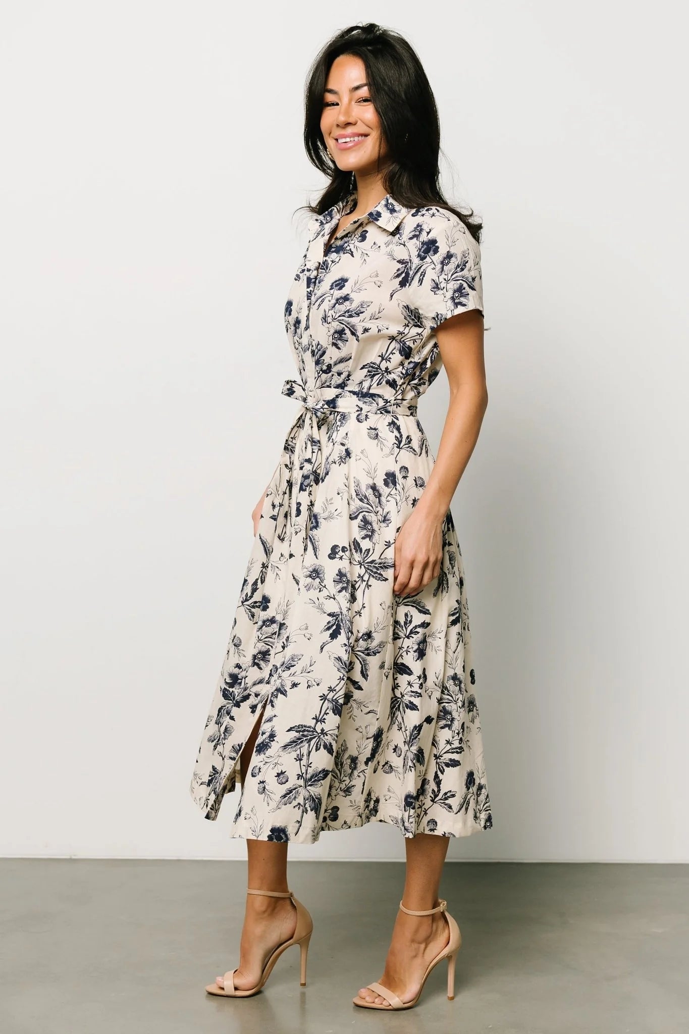 Lorna Midi Dress | Beige + Navy Print
