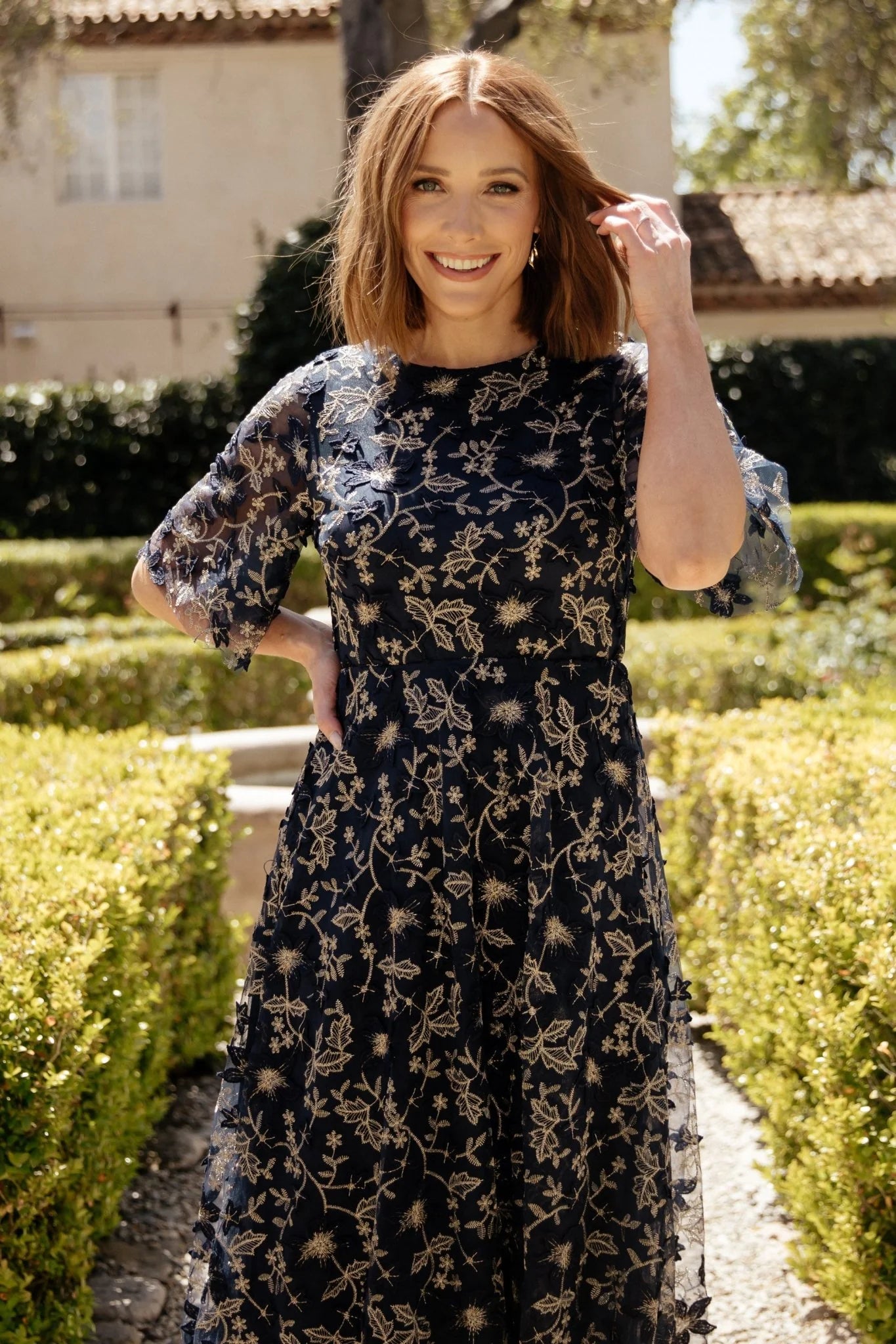 Arabella Embroidered Tulle Maxi Dress | Navy + Gold