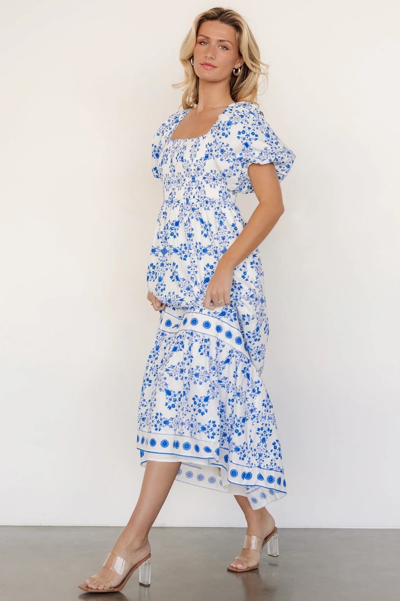 Lexa Smocked Maxi Dress | Off White + Blue Floral