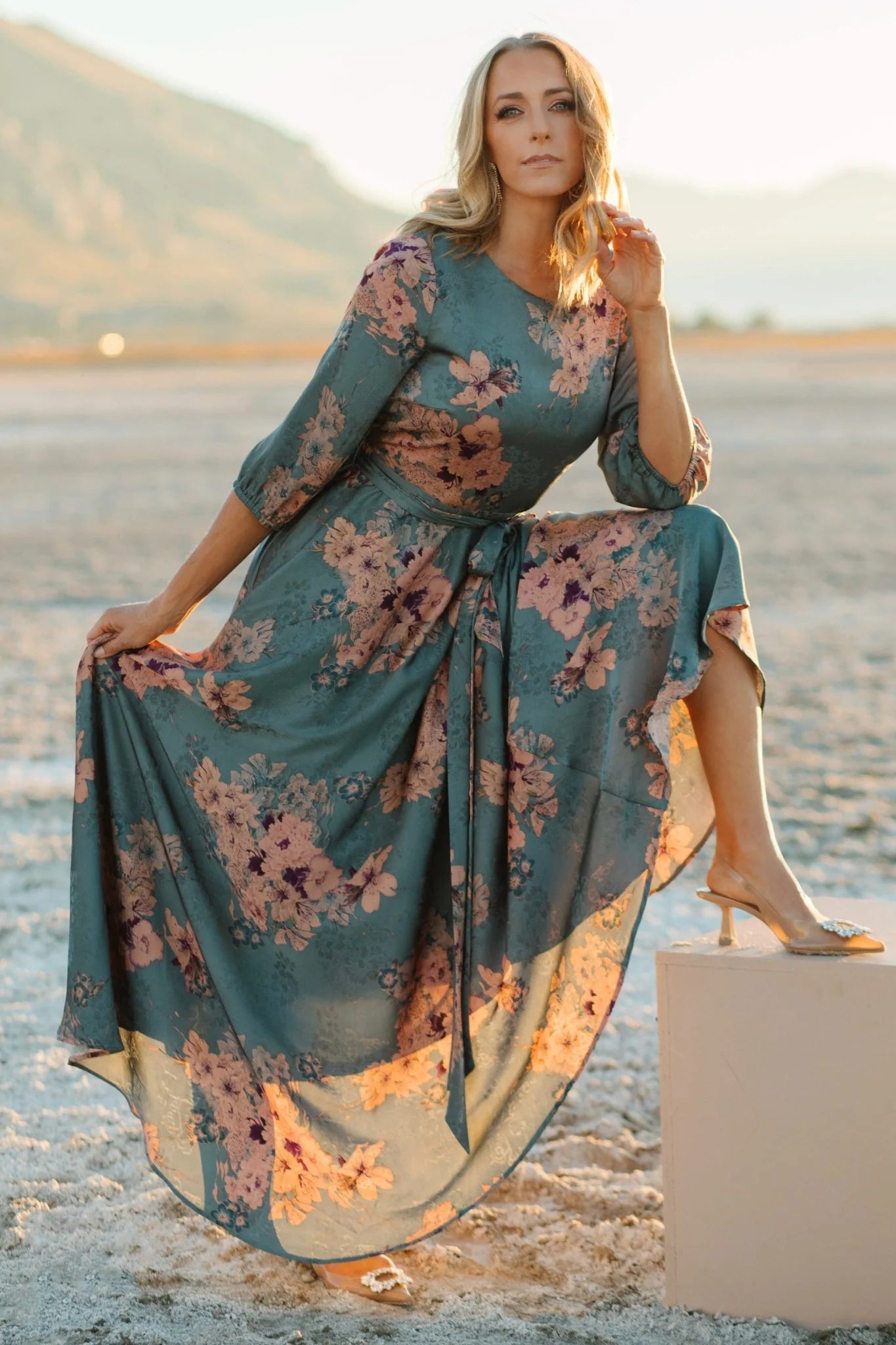 Paula Satin Maxi Dress | Blue + Pink Multi