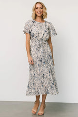 Alexandra Pleated Dress | Off White + Blue